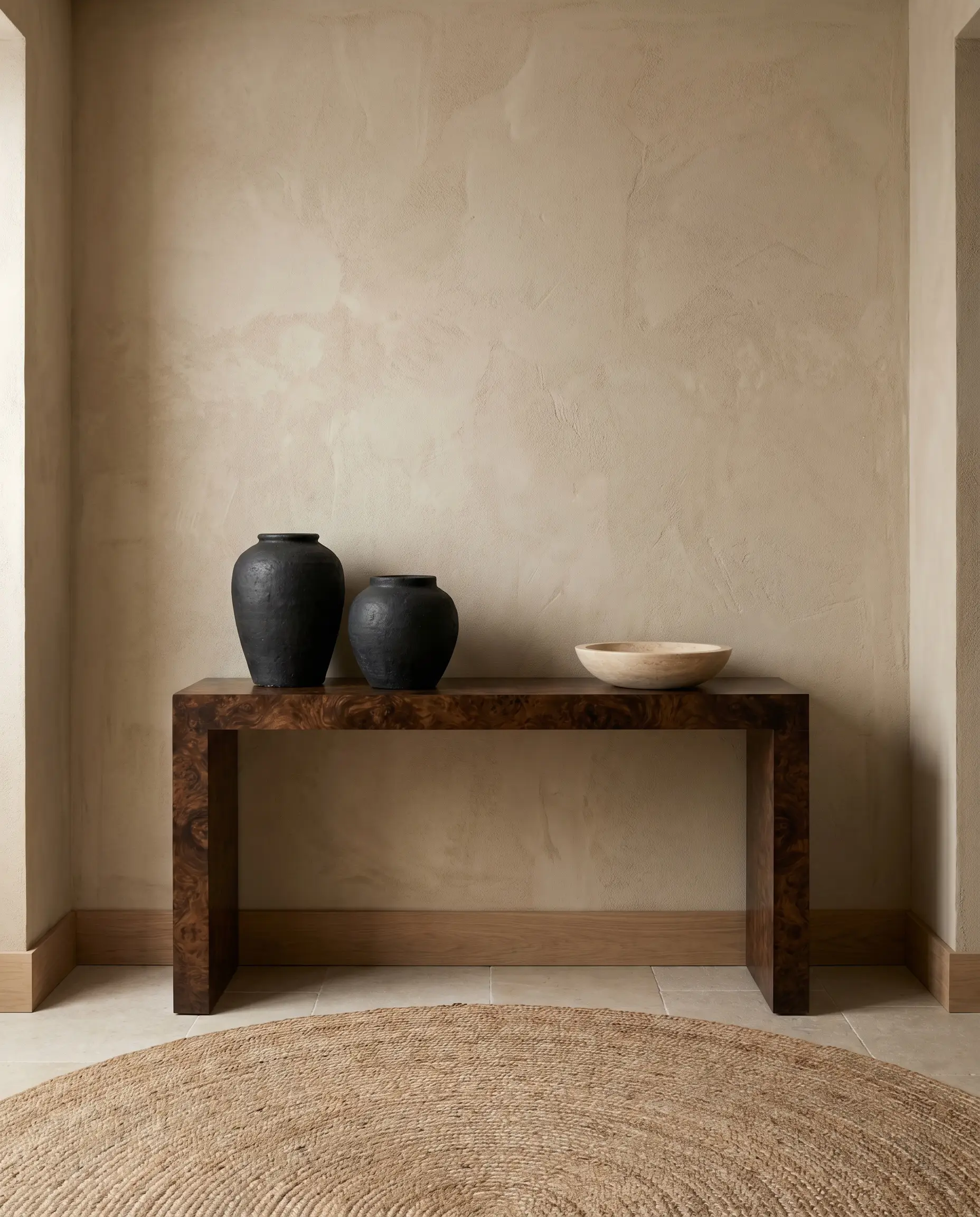 Heavy monolithic matte ceramic vases and a travertine bowl sit atop burl wood console tables in luxury entryways framed by raw plaster walls.