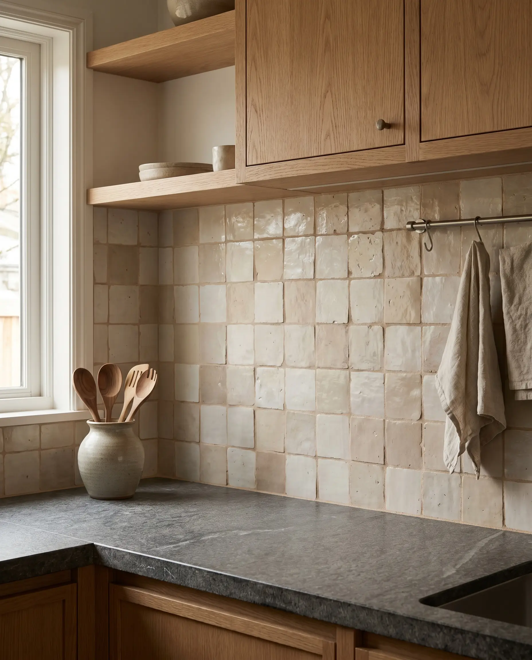 Matte-glazed square Zellige tiles create a warm ceramic backsplash bridging a leathered stone countertop and rift-sawn oak upper cabinets in Japandi style kitchens.
