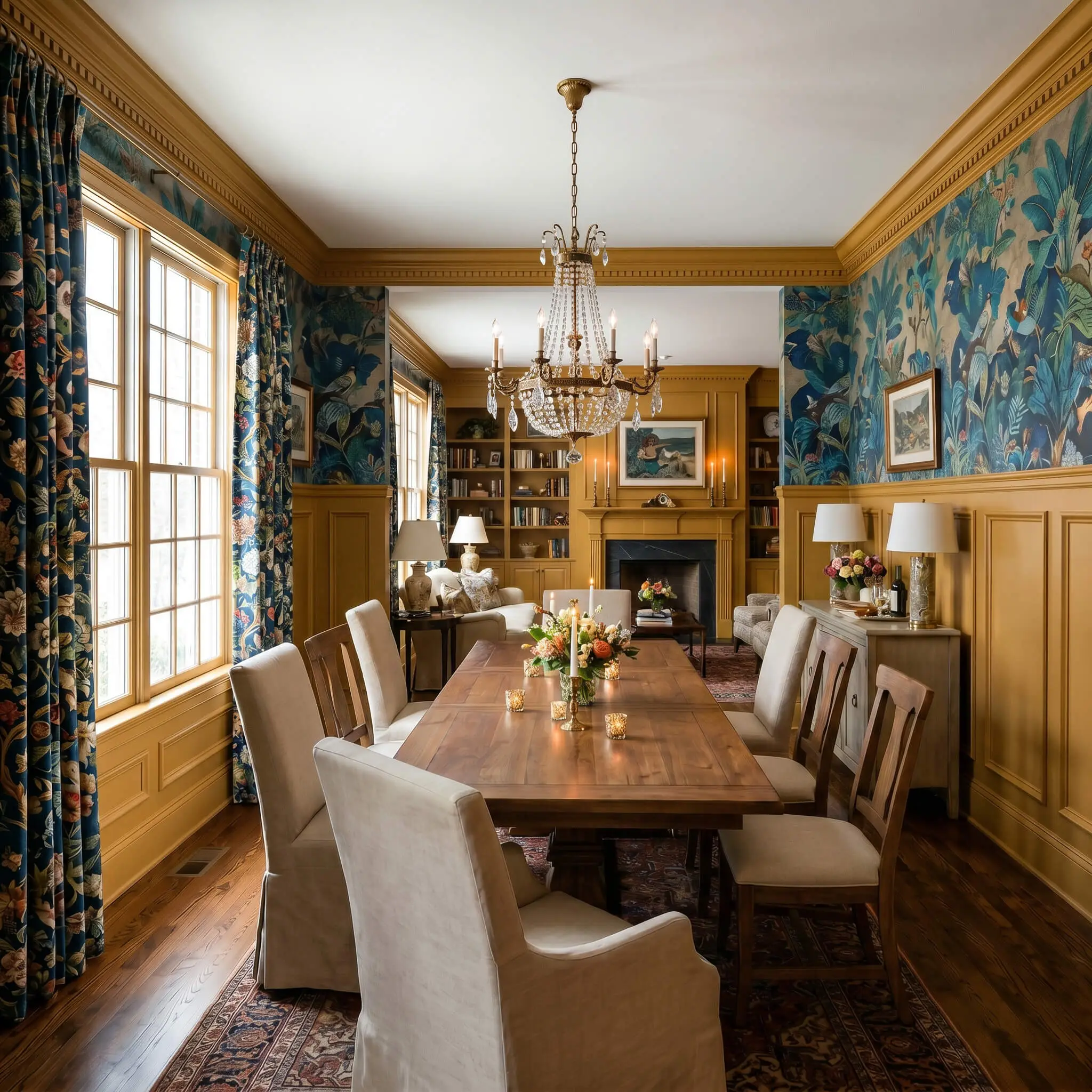 Lower wainscoting and picture molding painted in Topelo Honey (Hex #c09c4d) anchor a maximalist dining room beneath large-scale botanical mural wallpaper and an aged brass chandelier.