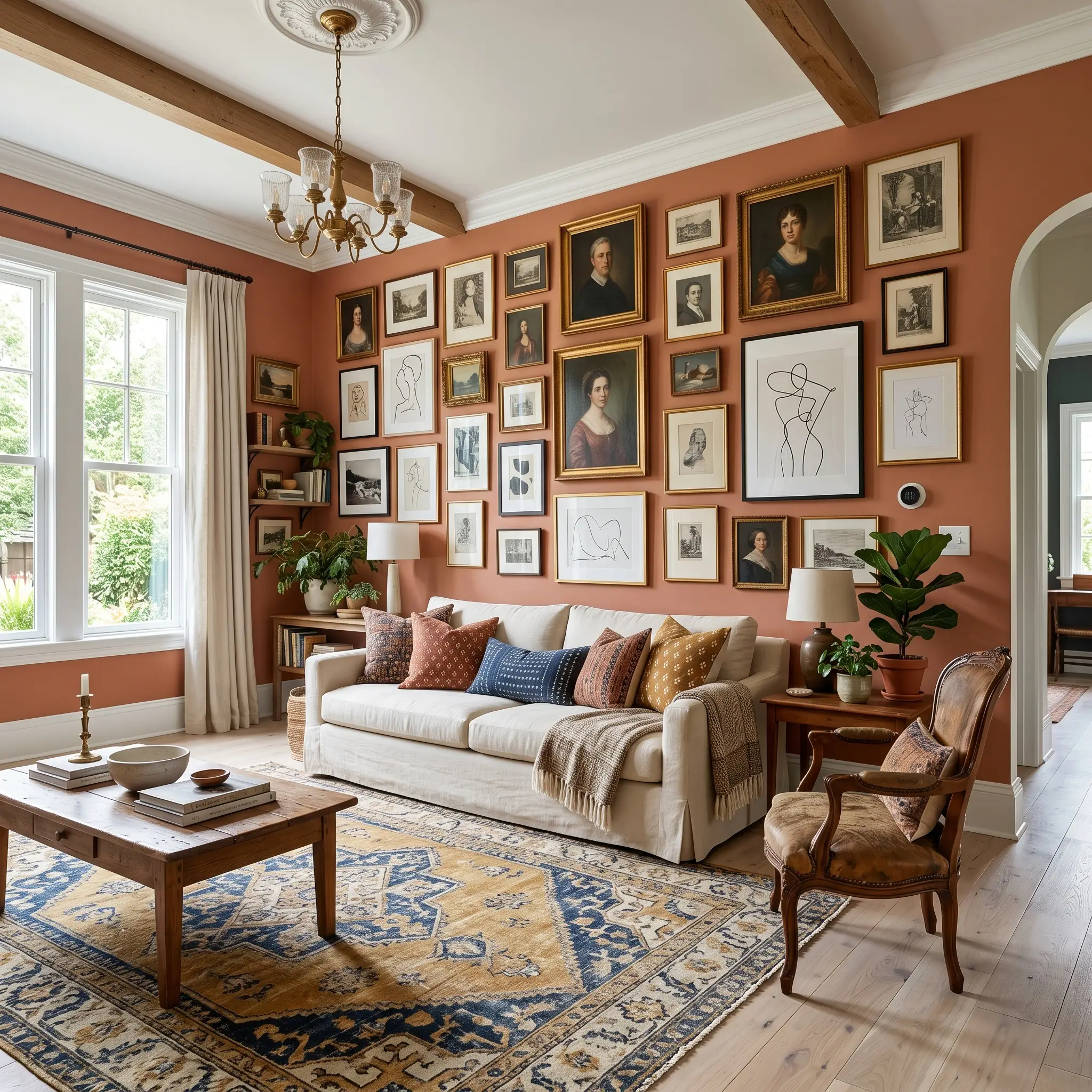 An asymmetrical floor-to-ceiling gallery wall of vintage portraiture anchors a living room featuring a cream slipcovered sofa and a faded navy kilim rug.