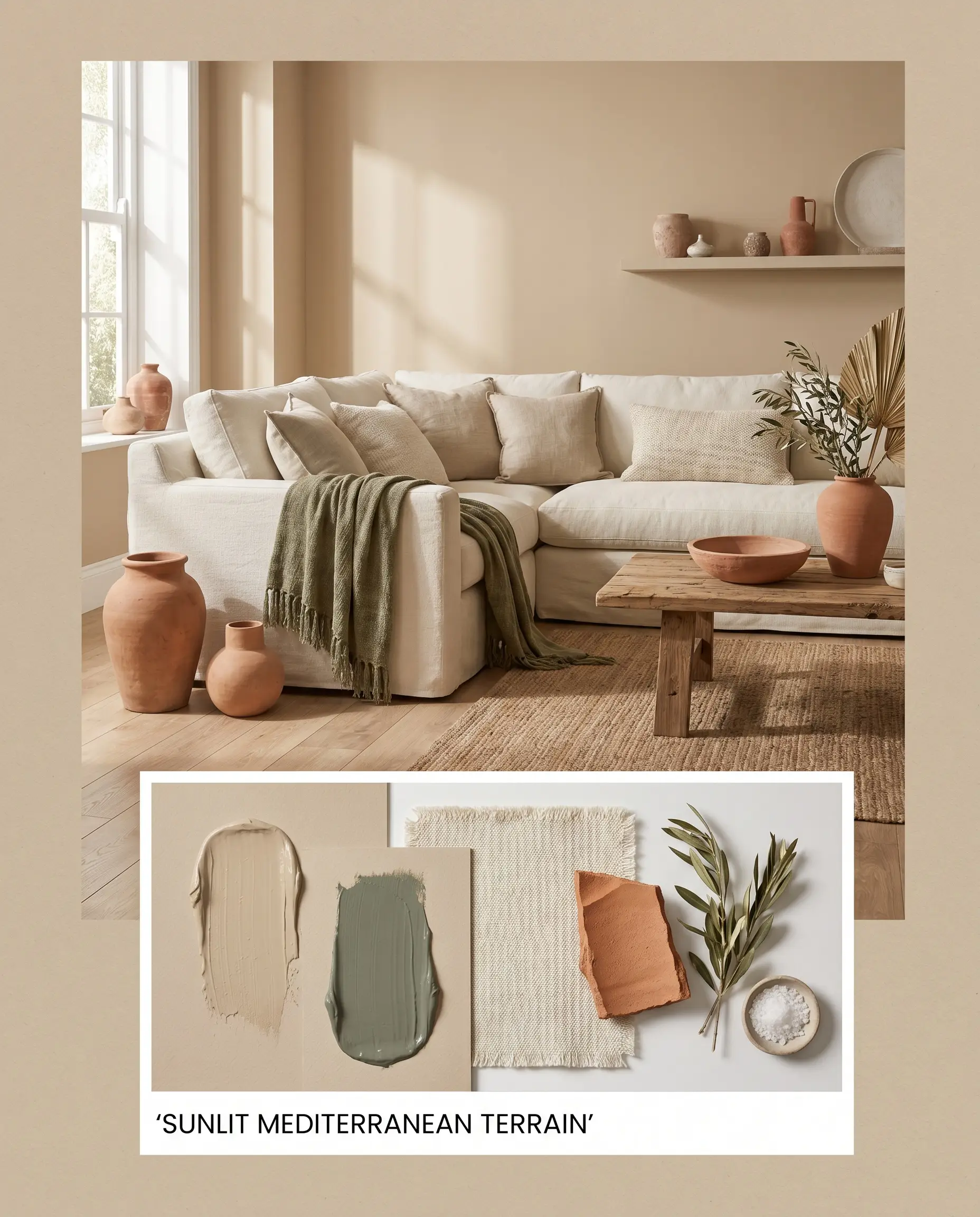 Thick cotton canvas upholstery and raw terracotta accents sit above a flat-lay containing physical paint textures and a weathered olive green throw blanket.