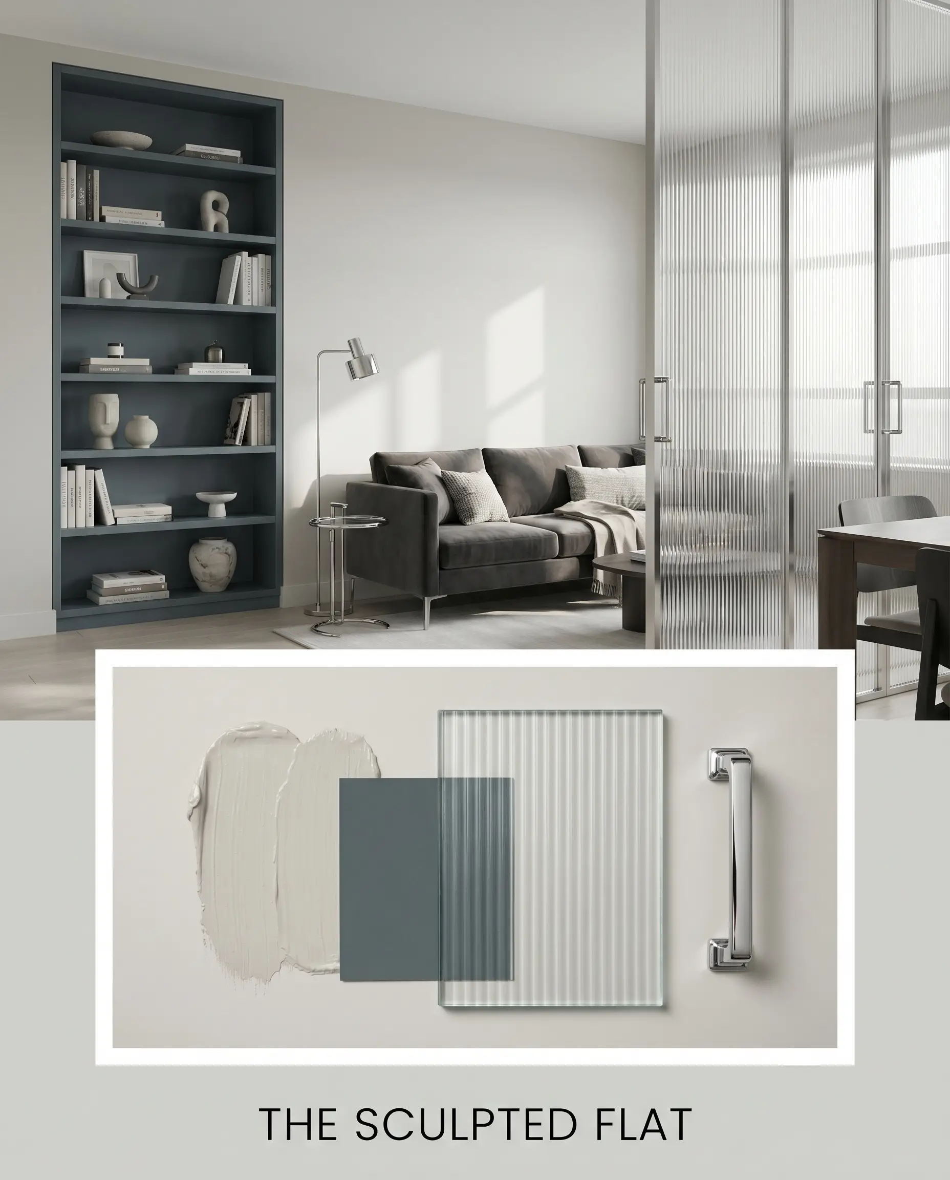 A sleek bookcase and low-profile charcoal velvet sofa sit behind a flat-lay featuring fluted glass, polished chrome hardware, and a steely cast color structure.