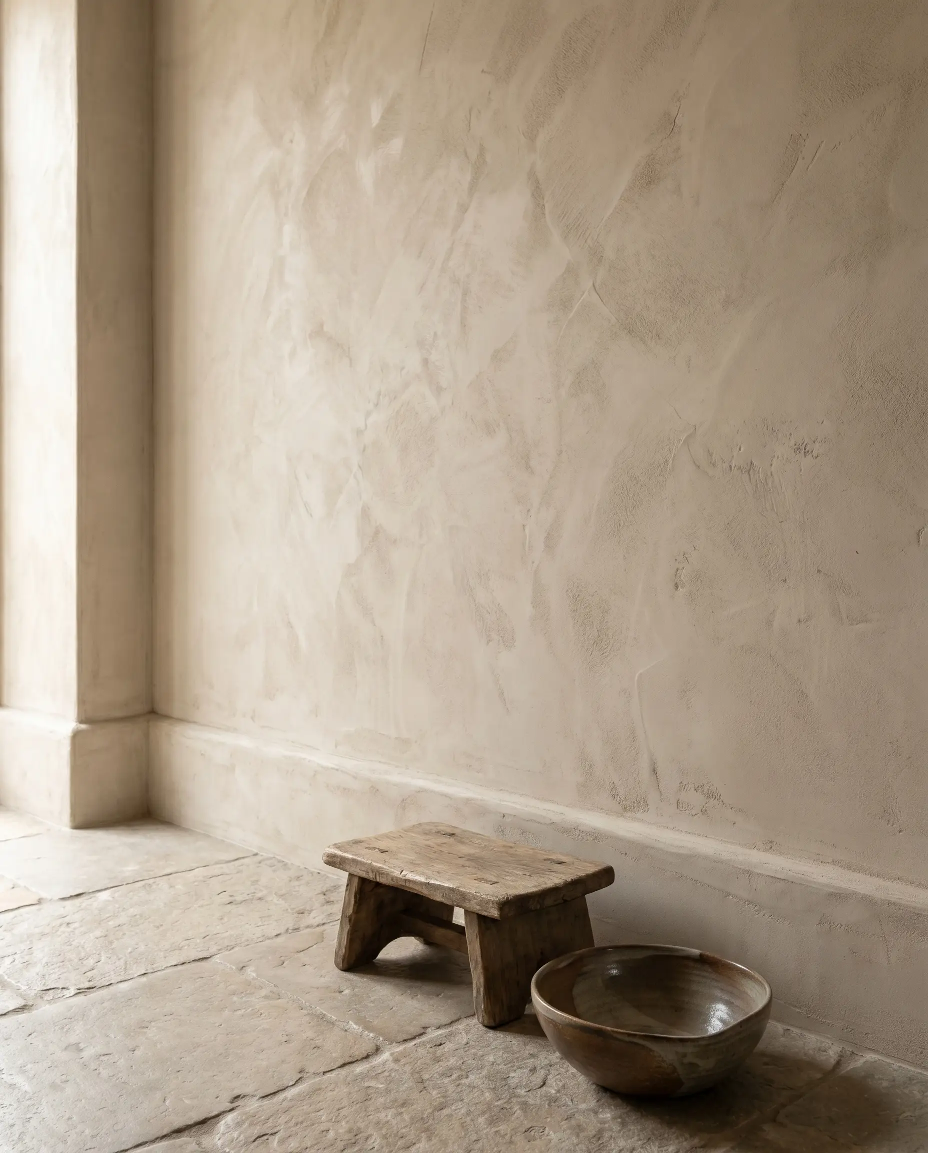 A textural micro-cement finish in a warm Patagonia tone seamlessly coats a flush MDF baseboard substrate meeting natural stone tiles and a rustic wooden stool.