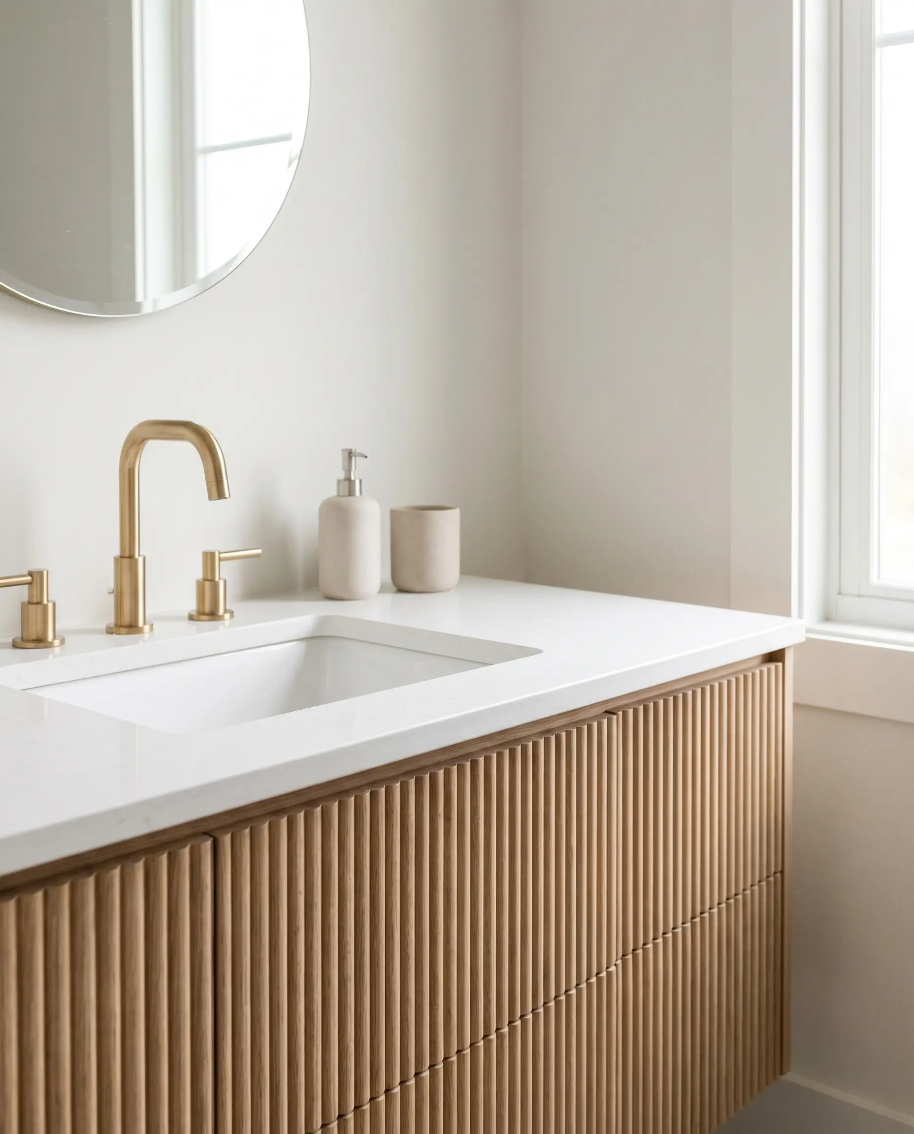 A delicate fluted white oak bathroom vanity features tight micro-reeded tambour millwork and an undermount sink against crisp Benjamin Moore White Dove painted walls.