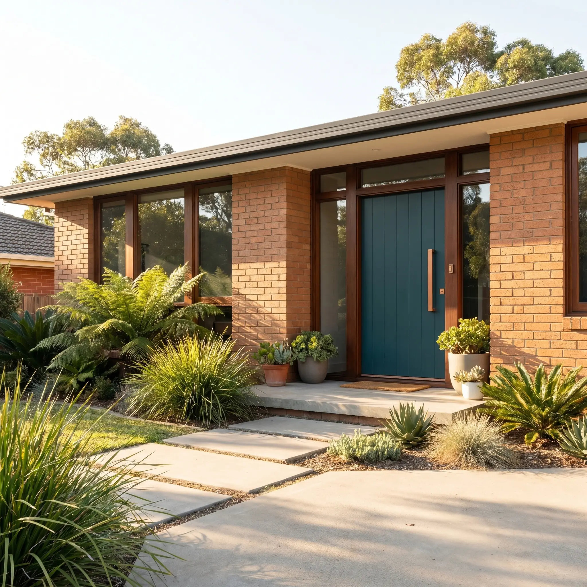 Heavy brushed copper hardware accents a vibrant front door painted in Dulux Deep Aqua, providing sharp contrast against warm terracotta brick siding.