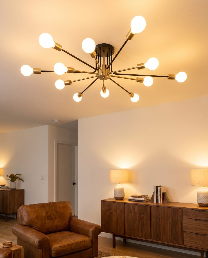 A mid-century modern spider fixture with brushed brass articulated arms and globe bulbs illuminates a lounge area featuring a low-slung leather armchair and walnut credenza.