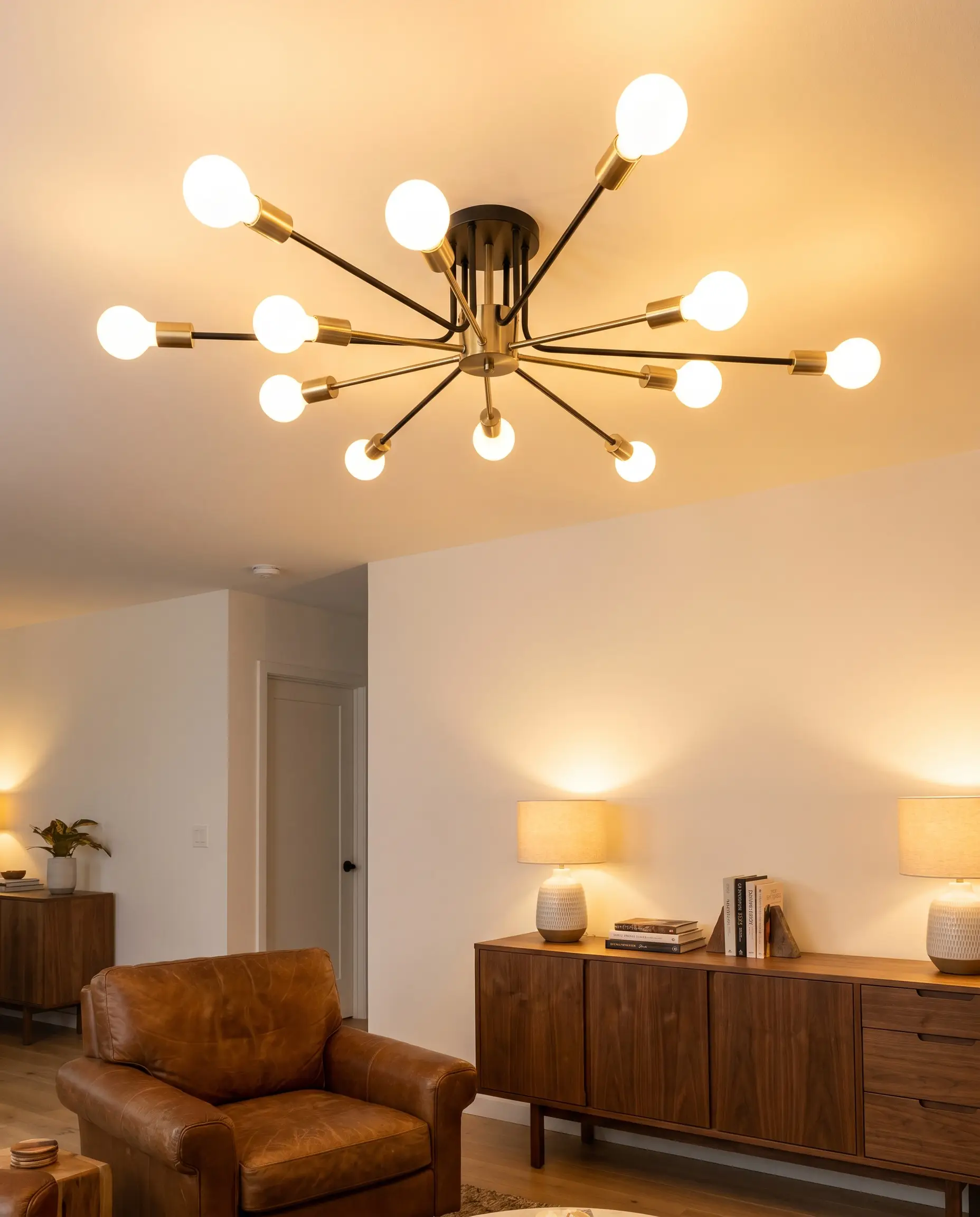 A mid-century modern spider fixture with brushed brass articulated arms and globe bulbs illuminates a lounge area featuring a low-slung leather armchair and walnut credenza.