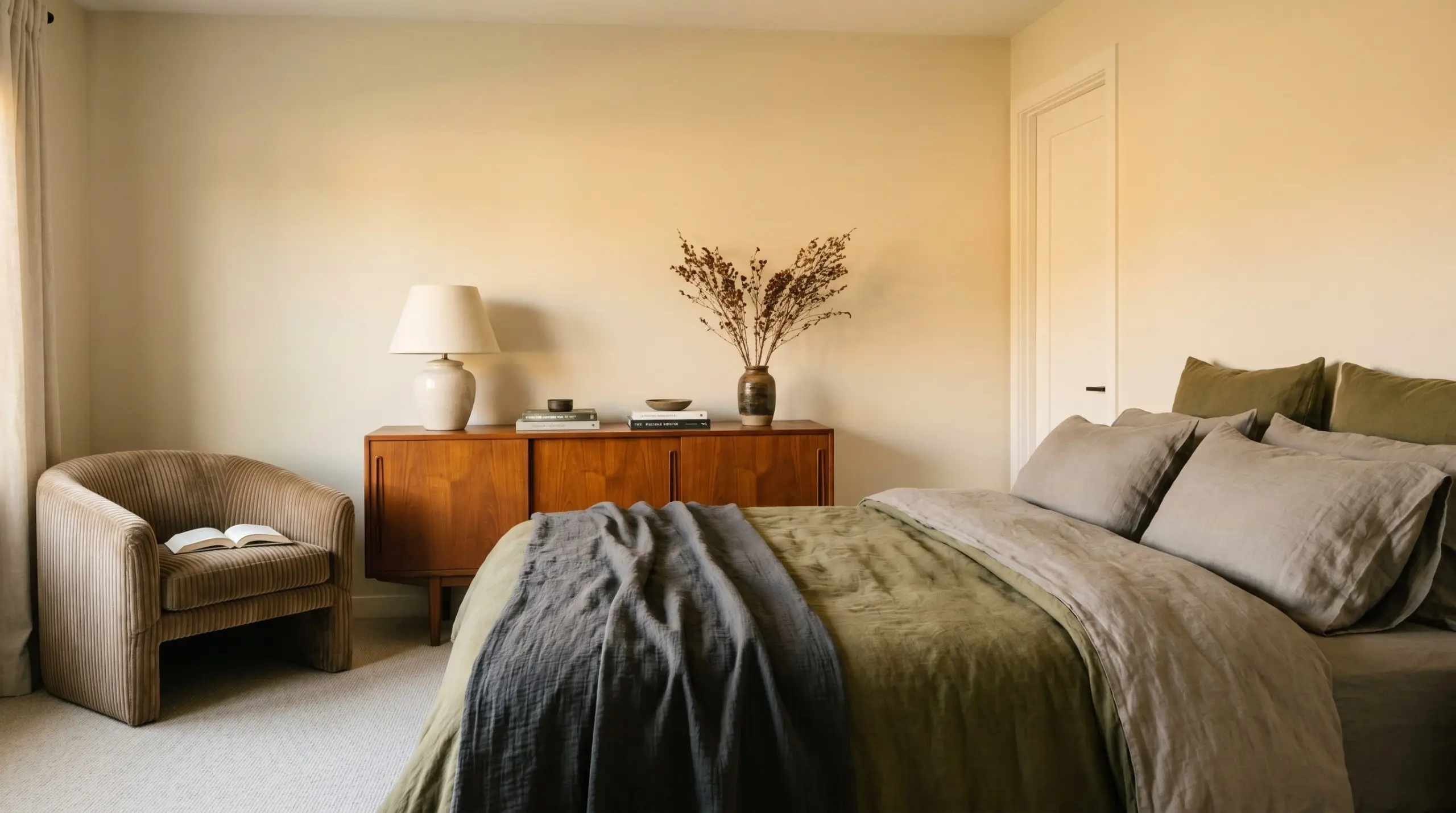 A vintage mid-century teak credenza and plush ribbed velvet armchair complement a bed styled with olive and charcoal washed linen inside a warm pastel peach bedroom.