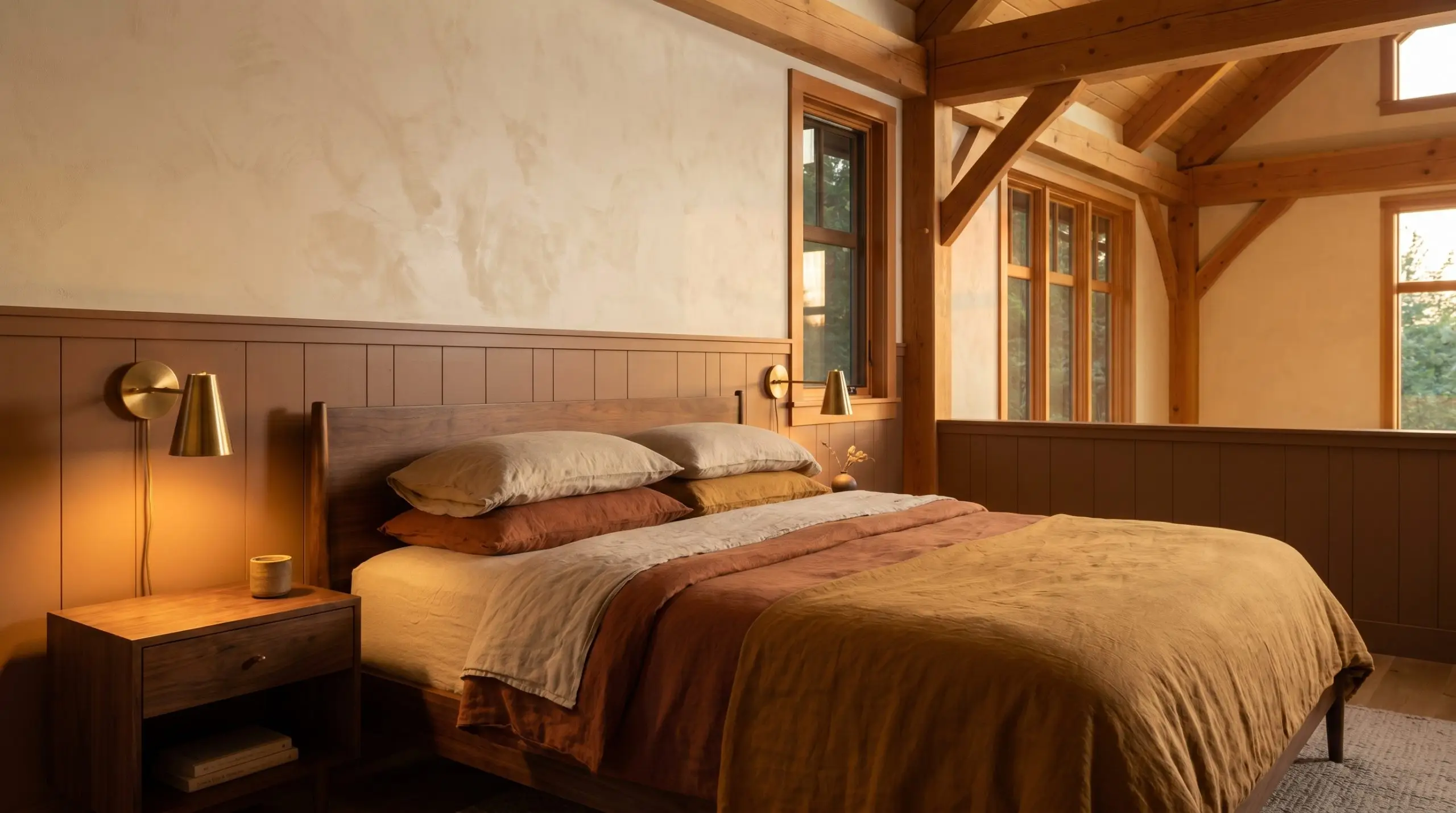 A mid-century walnut bed frame dressed in washed linen sits against earthy quince lower wainscoting painted in Farrow & Ball Marmelo under creamy lime plaster.
