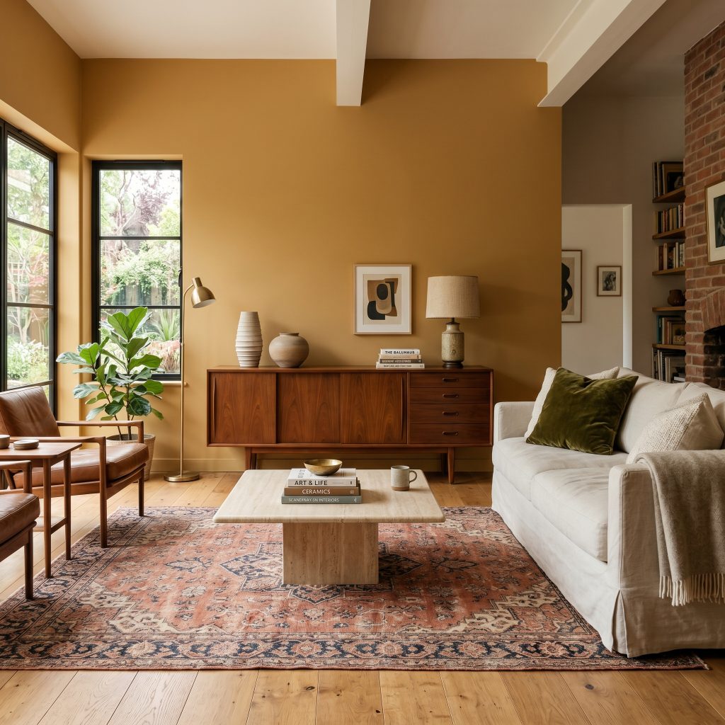A beautifully restored mid-century walnut credenza and a relaxed slipcovered sofa anchor a cozy living area surrounded by smooth midtone golden yellow walls.