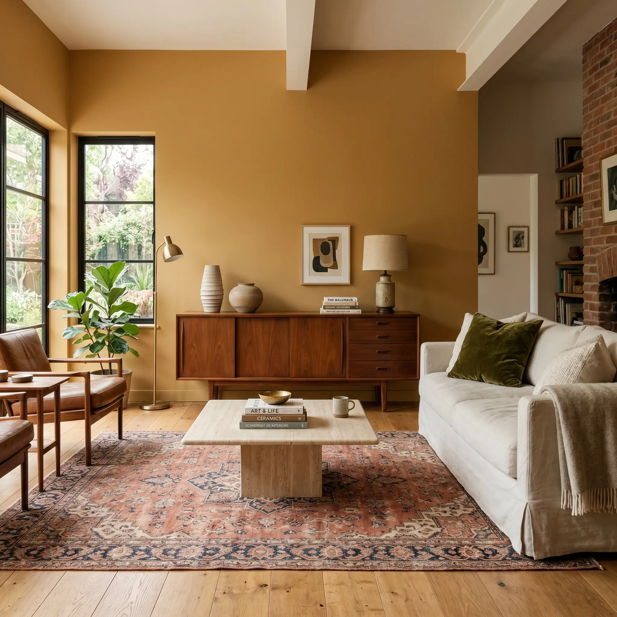 A beautifully restored mid-century walnut credenza and a relaxed slipcovered sofa anchor a cozy living area surrounded by smooth midtone golden yellow walls.