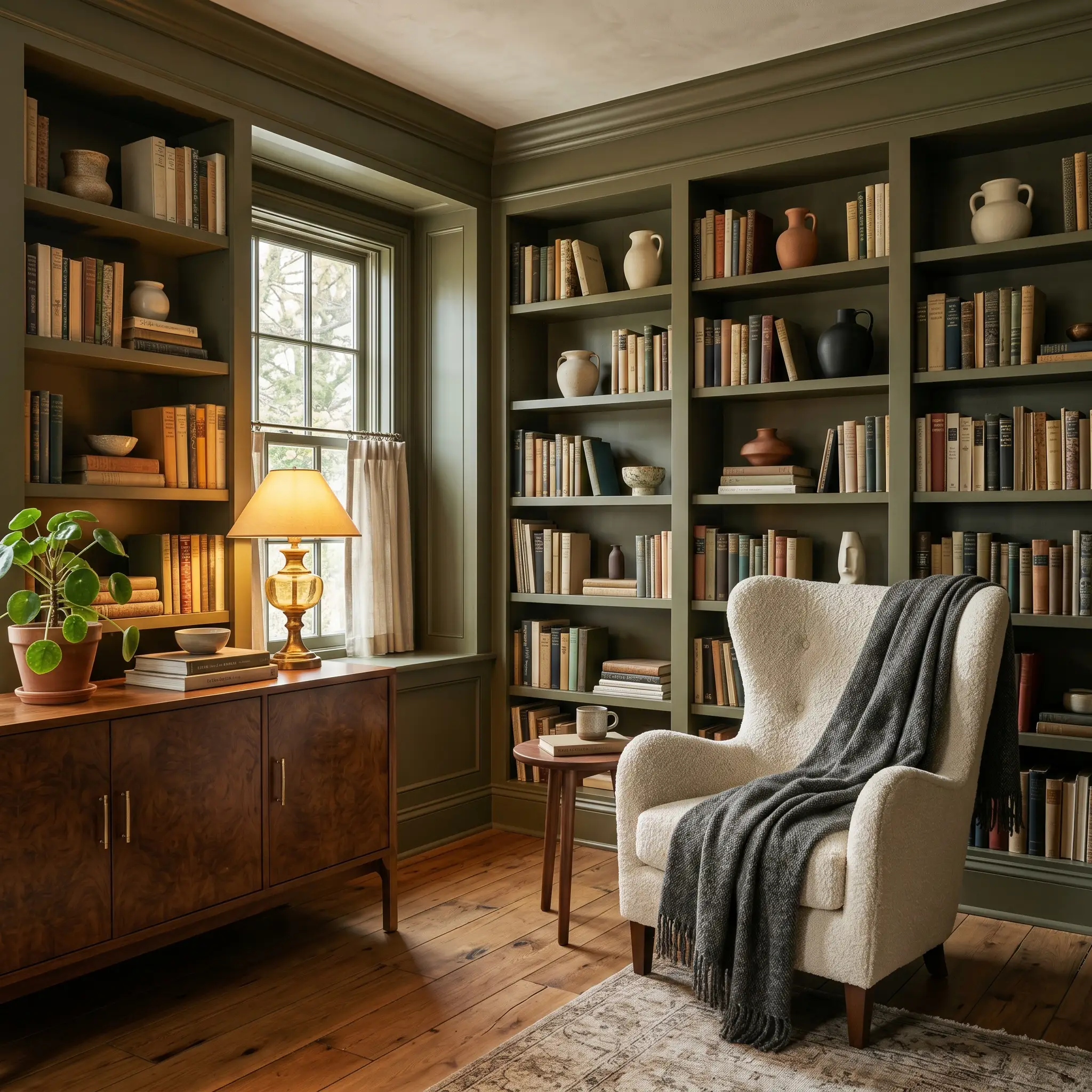 Built-in bookcases painted in a mid-to-dark tone earthy olive surround a mid-century burled walnut credenza and a cream boucle wingback chair.