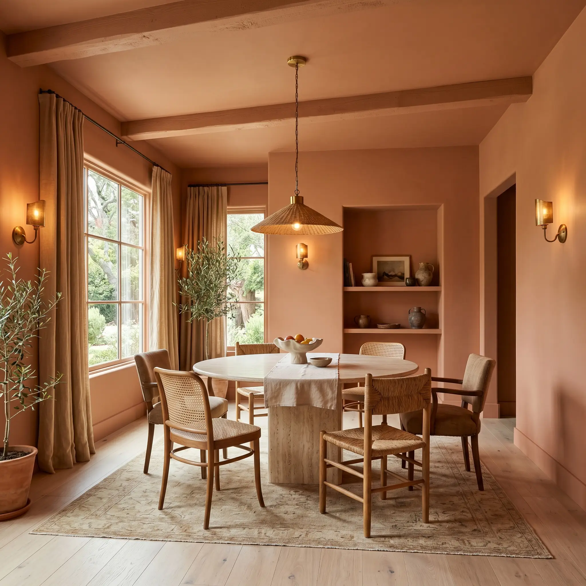 A travertine pedestal dining table and mismatched cane-backed chairs sit inside an immersive dining room wrapped in dusty blush terracotta walls and ceilings.