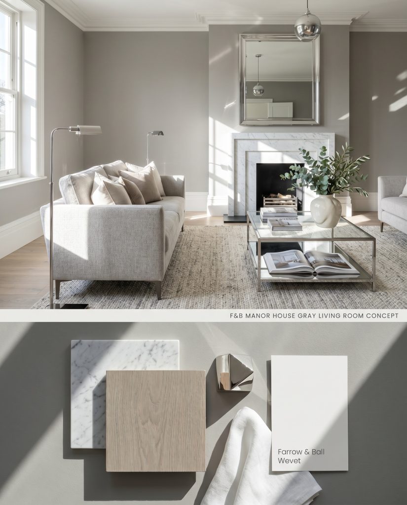 A split digital conceptual board for a contemporary living room showcasing cool gray paint on the top half, with physical marble, white oak, and a Wevet paint swatch on the textured bottom section.