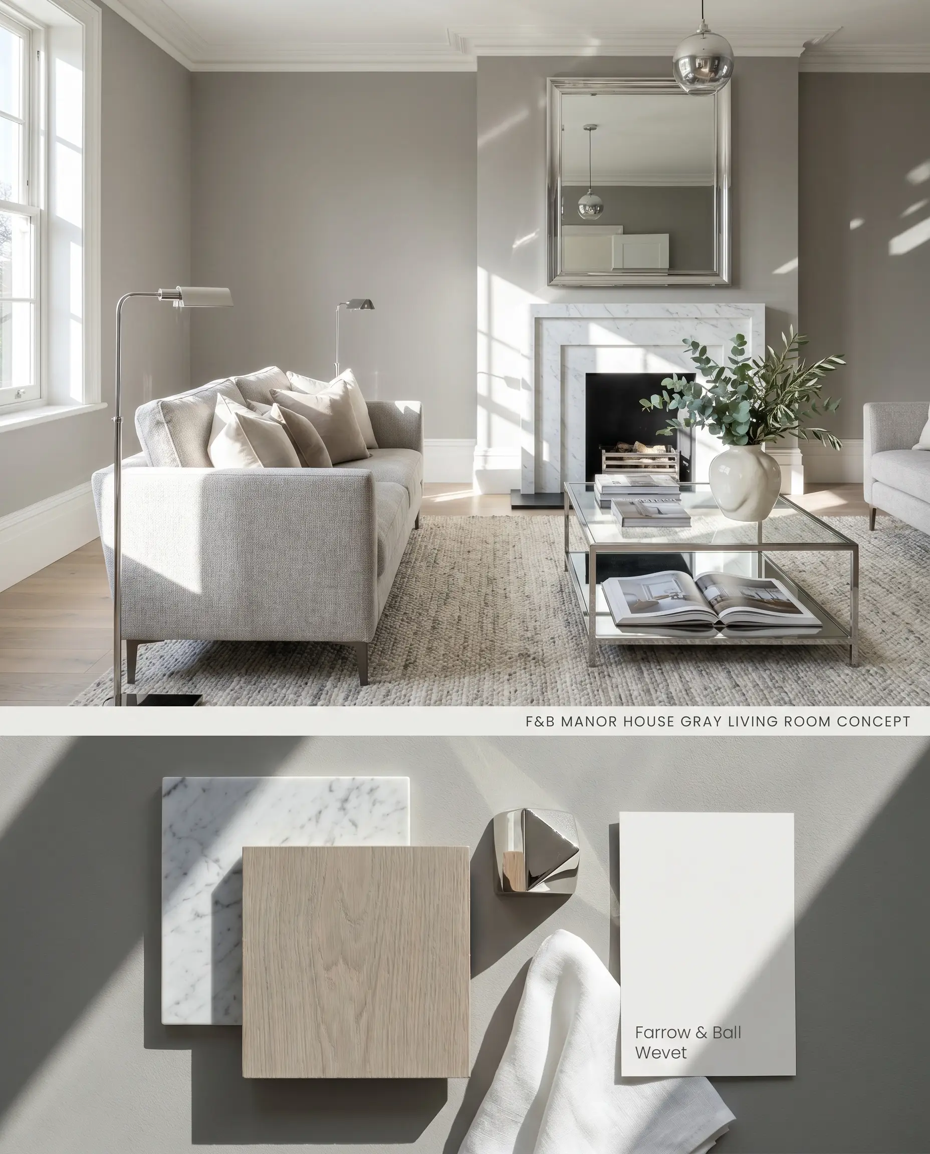 A split digital conceptual board for a contemporary living room showcasing cool gray paint on the top half, with physical marble, white oak, and a Wevet paint swatch on the textured bottom section.