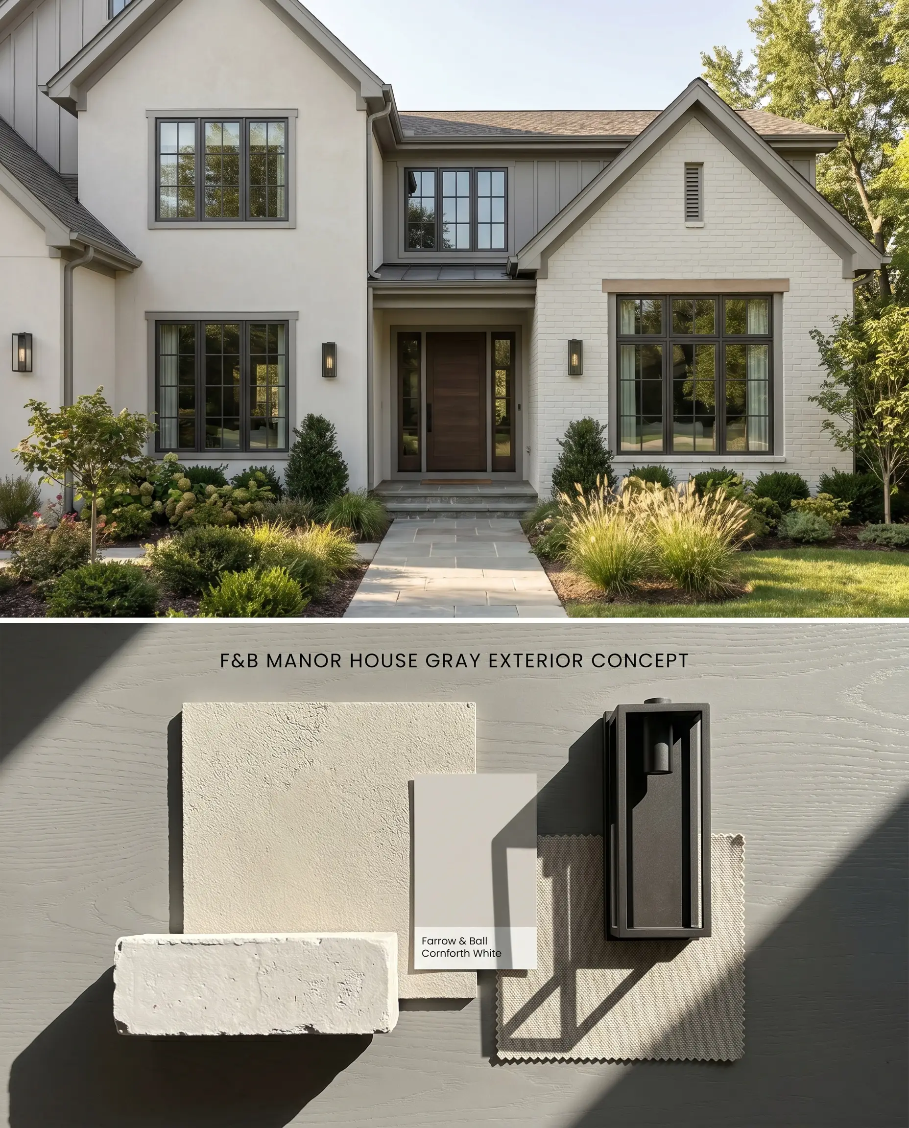 A split digital conceptual board for a modern farmhouse exterior featuring gray window trim on top, with textured stucco, painted brick, and dark metal sconces on the bottom section.