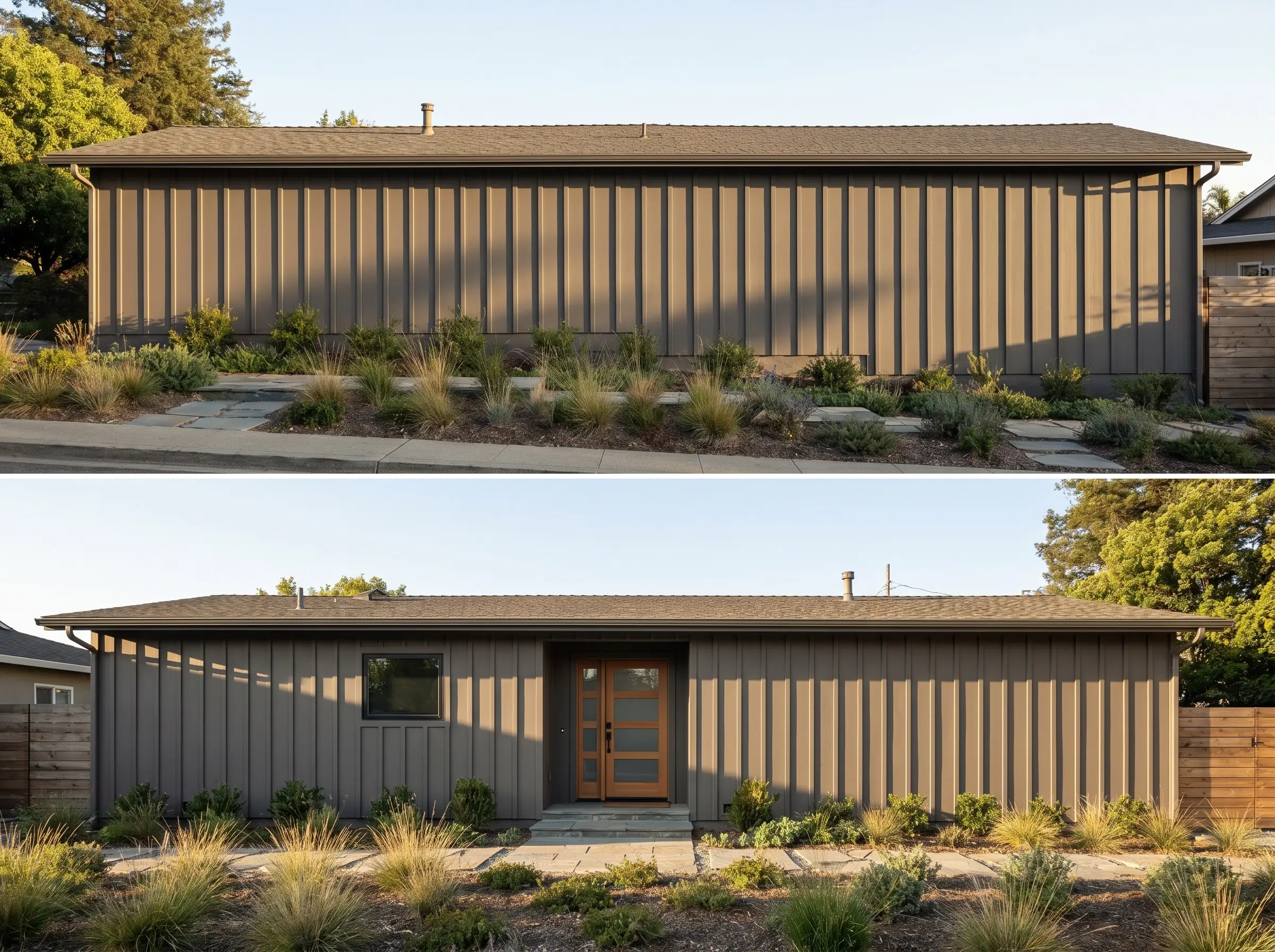 Vertical board-and-batten siding painted in a rich mid-tone greige elongates a single-story ranch home featuring a modern wooden front door and low-profile landscaping.