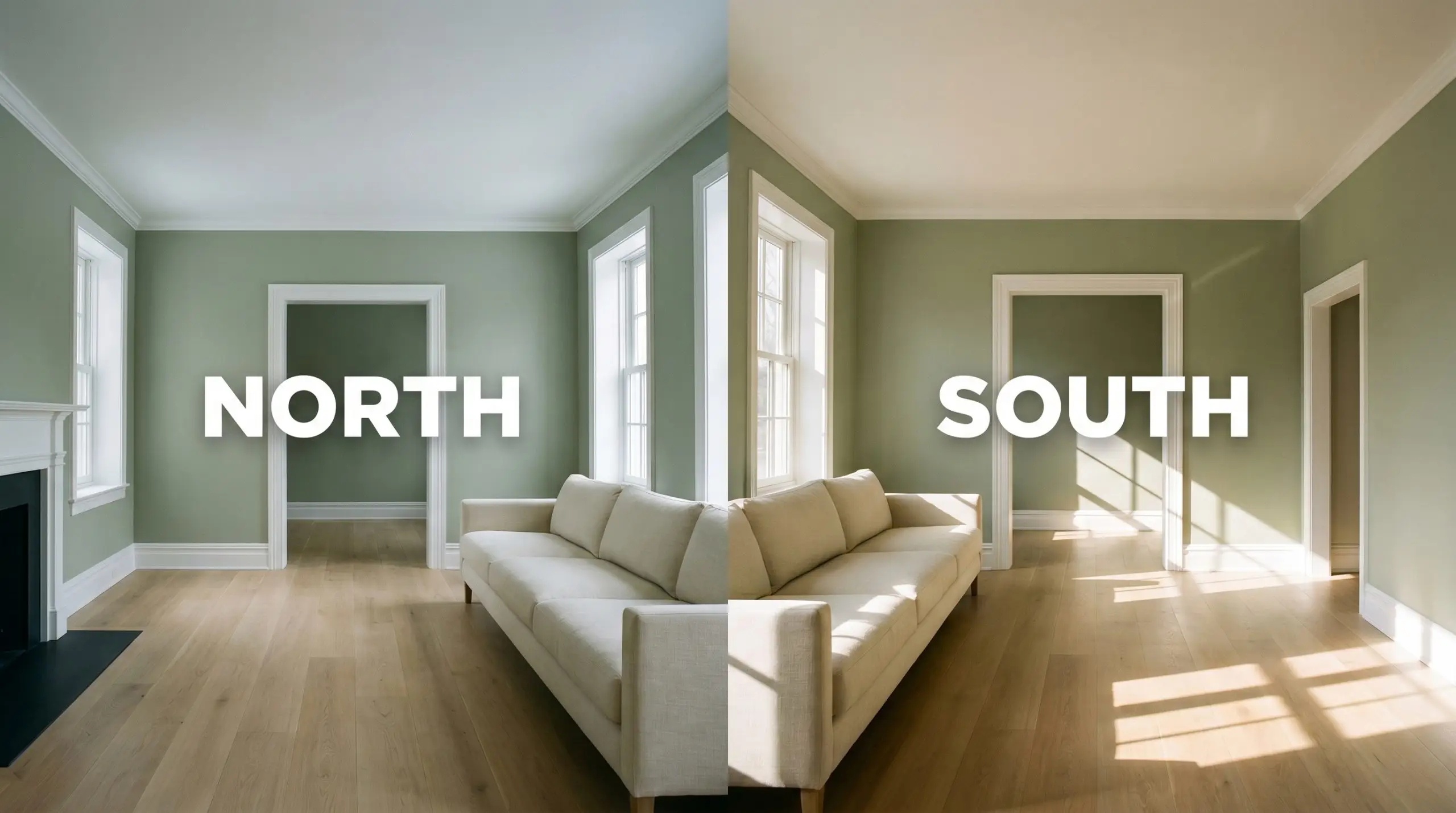 A continuous living room space demonstrates how a mid-tone sage paint shifts from cool shadows in Northern daylight to warm herbaceous green in Southern exposure.