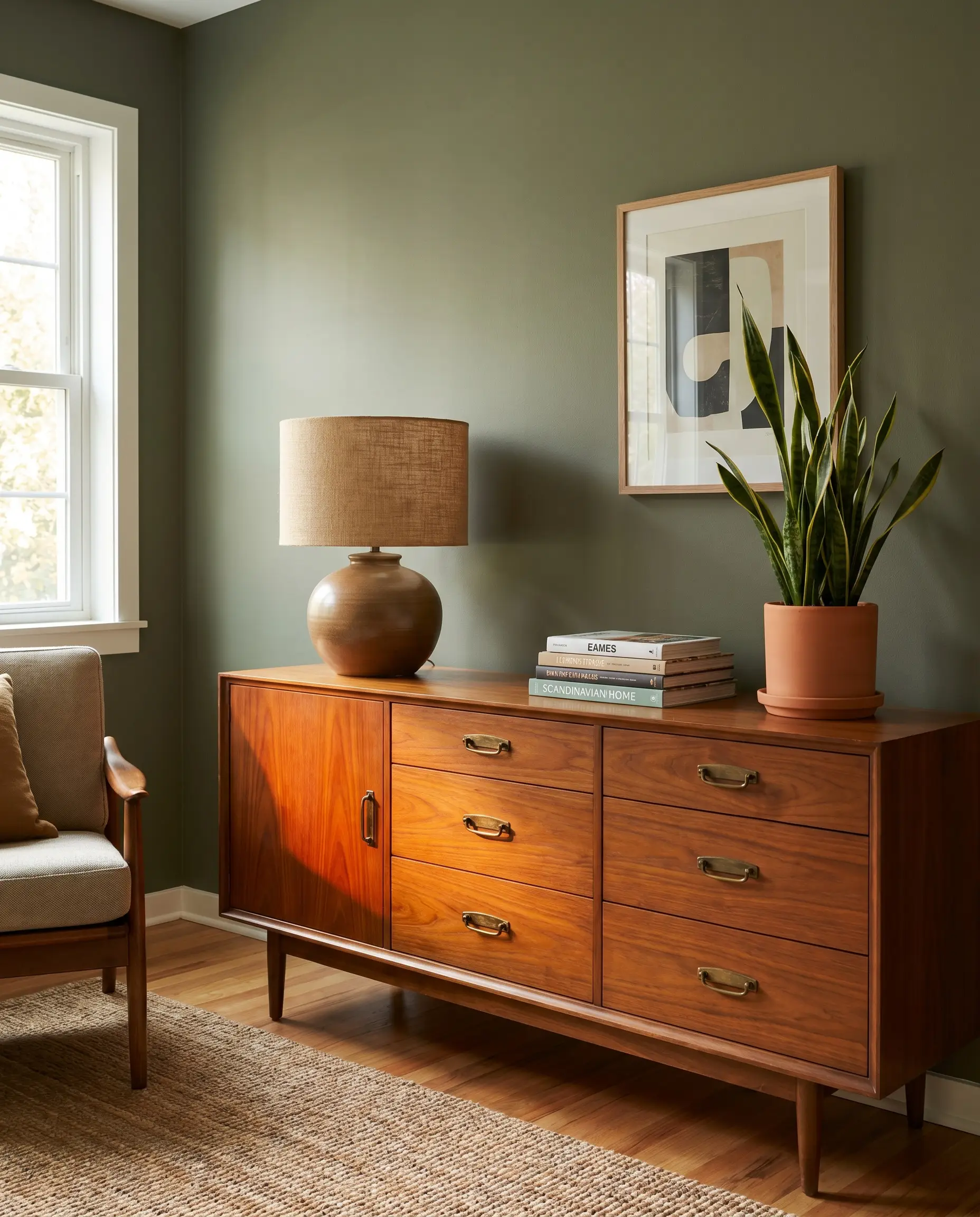 A solid mid-tone walnut credenza styled with a matte ceramic table lamp and design books stands against a flat earthy green wall.