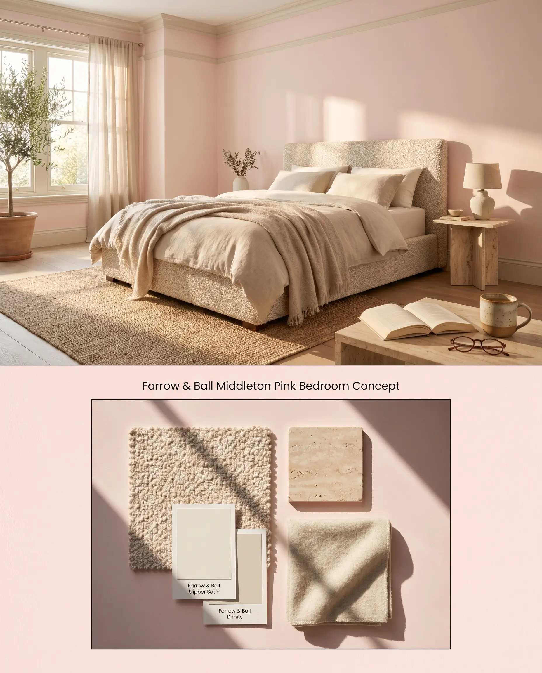 A split digital conceptual board for a primary bedroom painted in Middleton Pink 245 on top, paired with a textured bottom section displaying boucle fabric and honed travertine swatches.