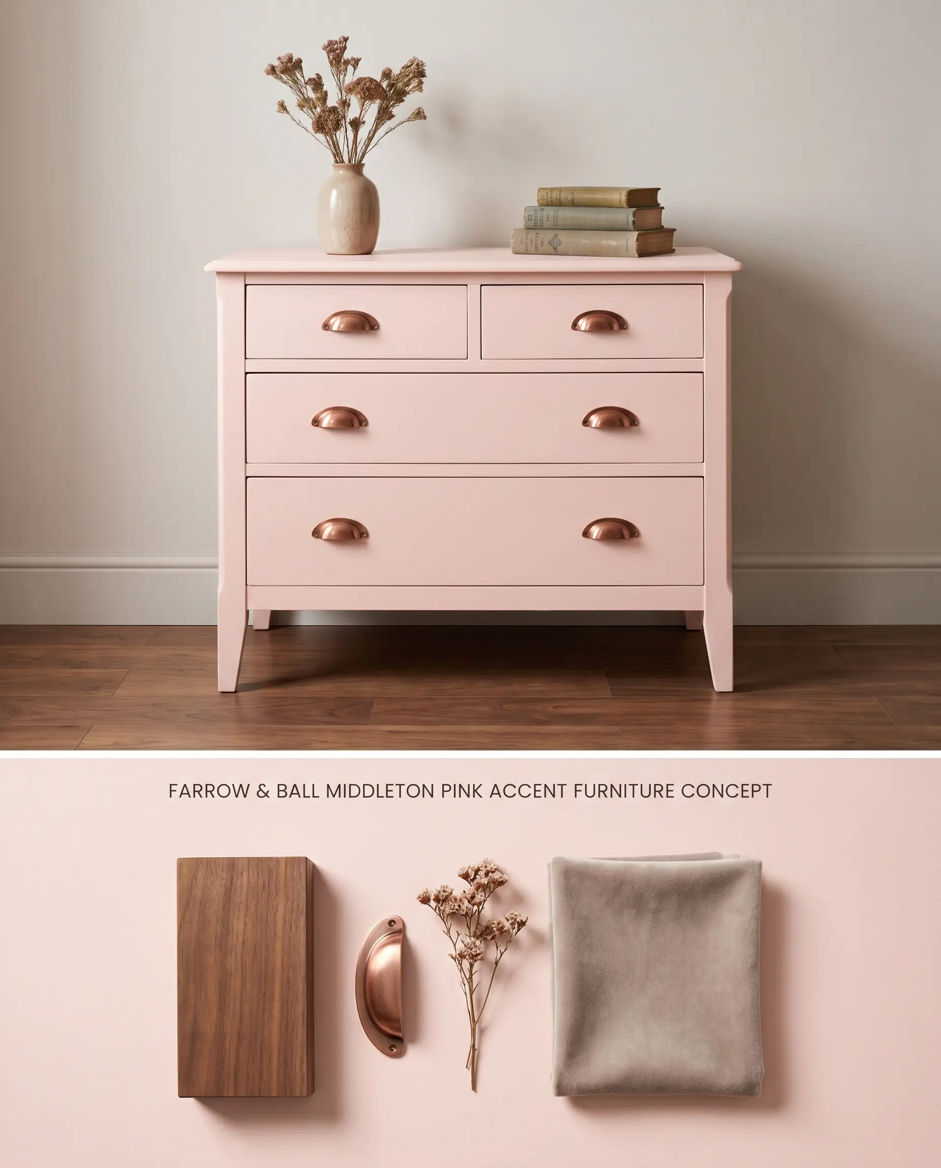 A split digital conceptual board showcasing a vintage dresser painted in a chalky pastel pink on top, and a textured bottom section featuring burnished copper and warm walnut samples.
