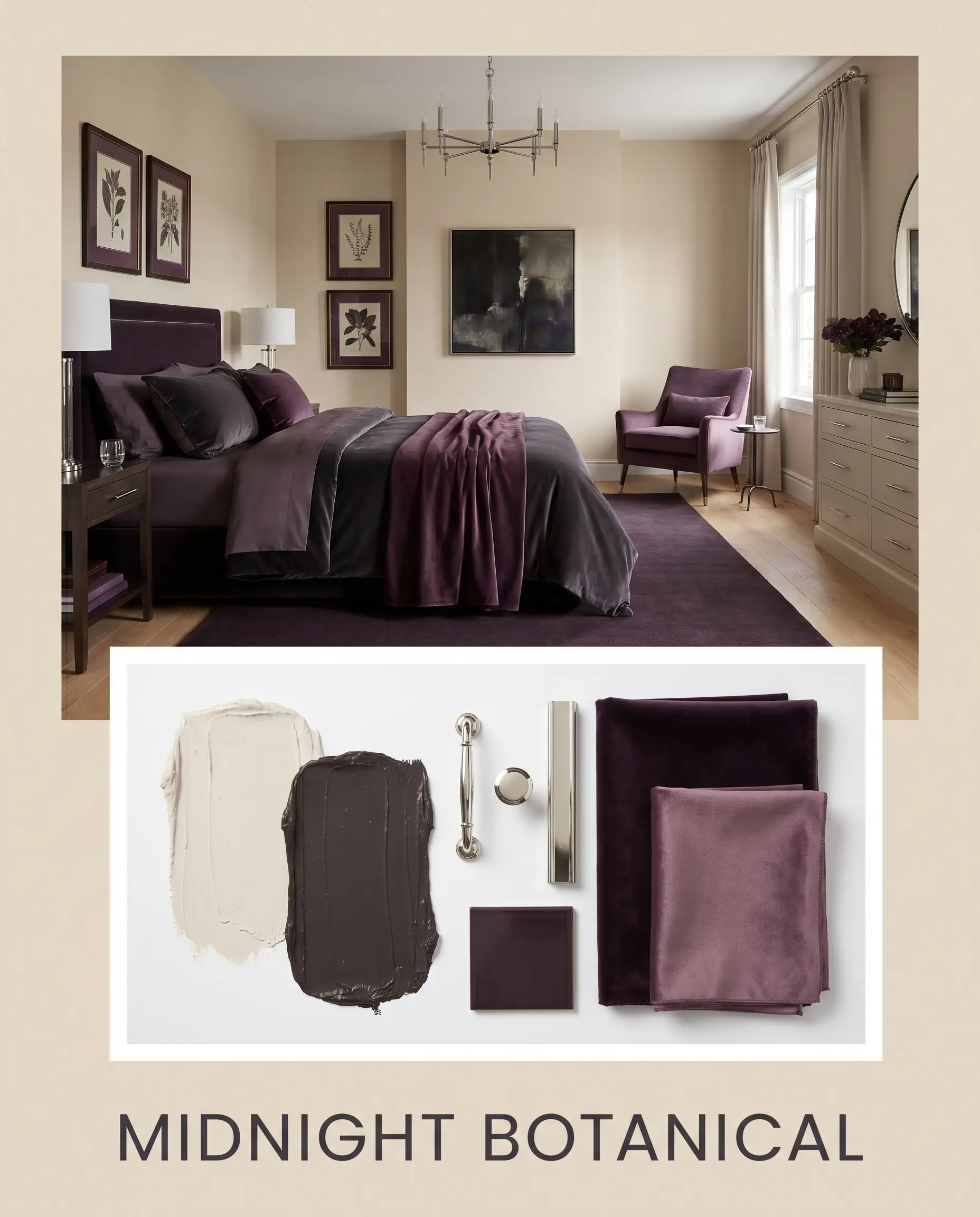 An editorial magazine layout displays a sophisticated pastel bedroom with dark aubergine accents above a flat-lay featuring polished nickel and silk velvet swatches.