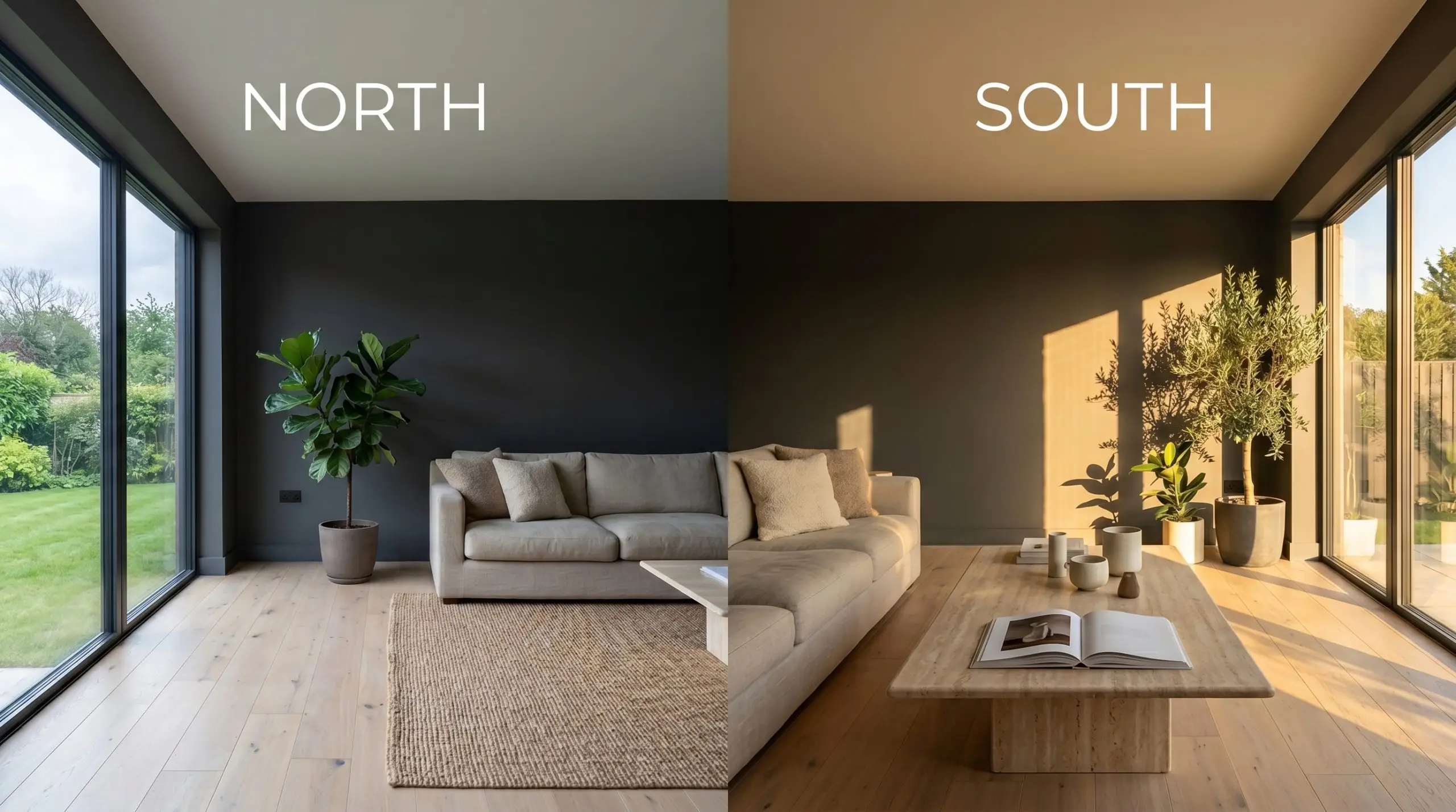 A minimalist living room features continuous walls shifting from a cool charcoal in North-facing daylight to a warm earthy base in South-facing exposure.