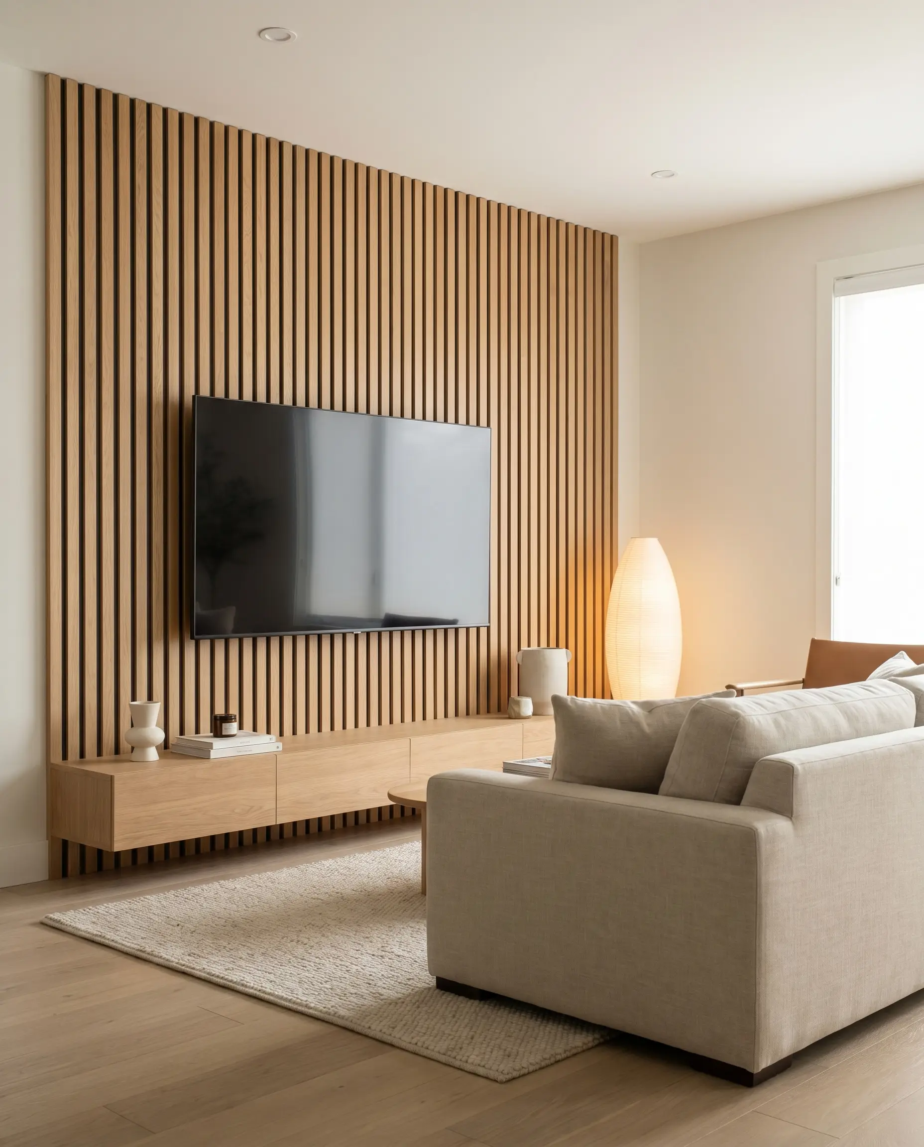 Pre-milled solid oak batten strips with precise negative gaps form a textured backdrop for a sleek television and a low floating console.