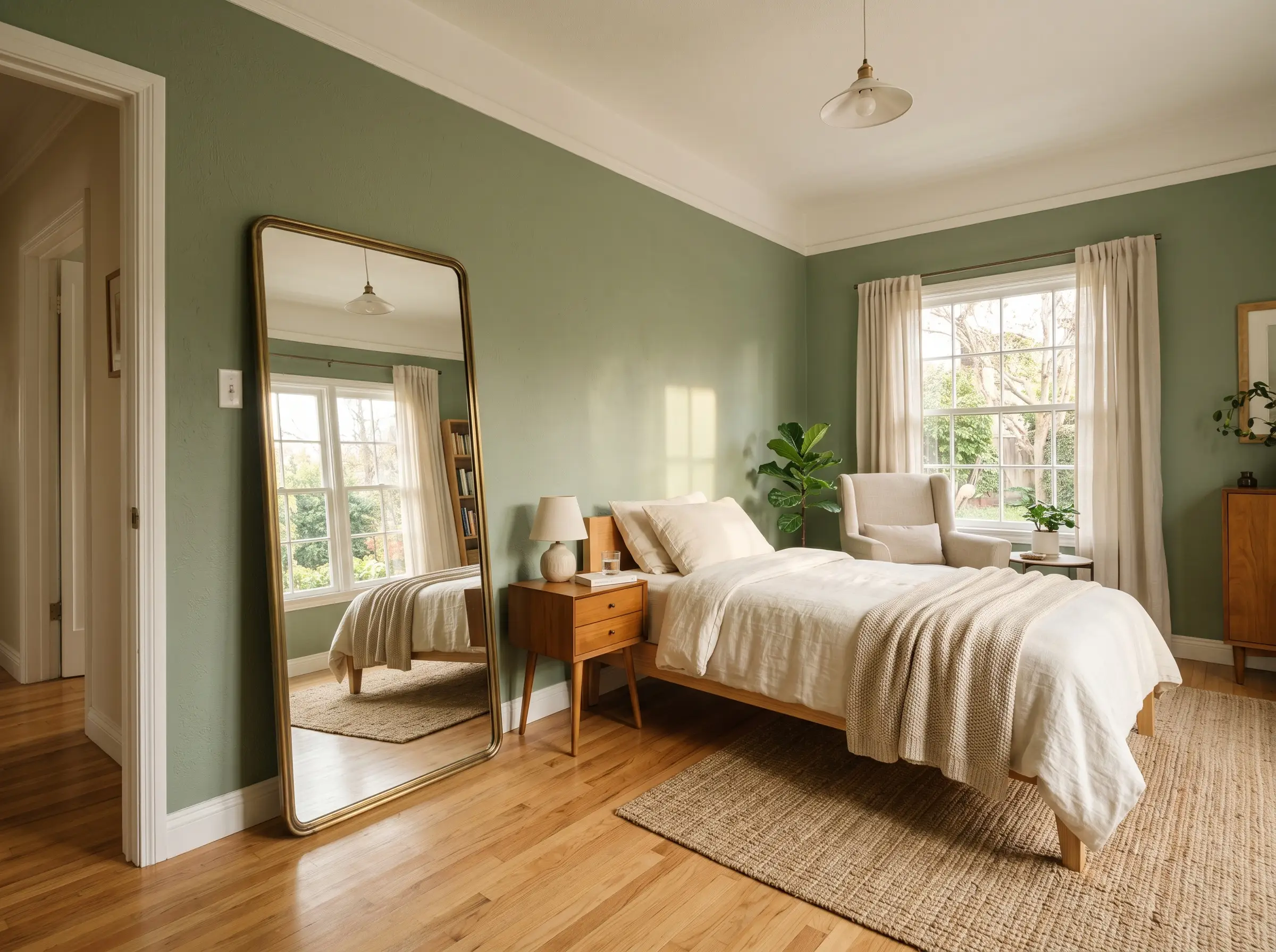 A large antiqued brass-framed floor mirror leans against the wall, expanding the footprint of these sage green and cream bedroom ideas.