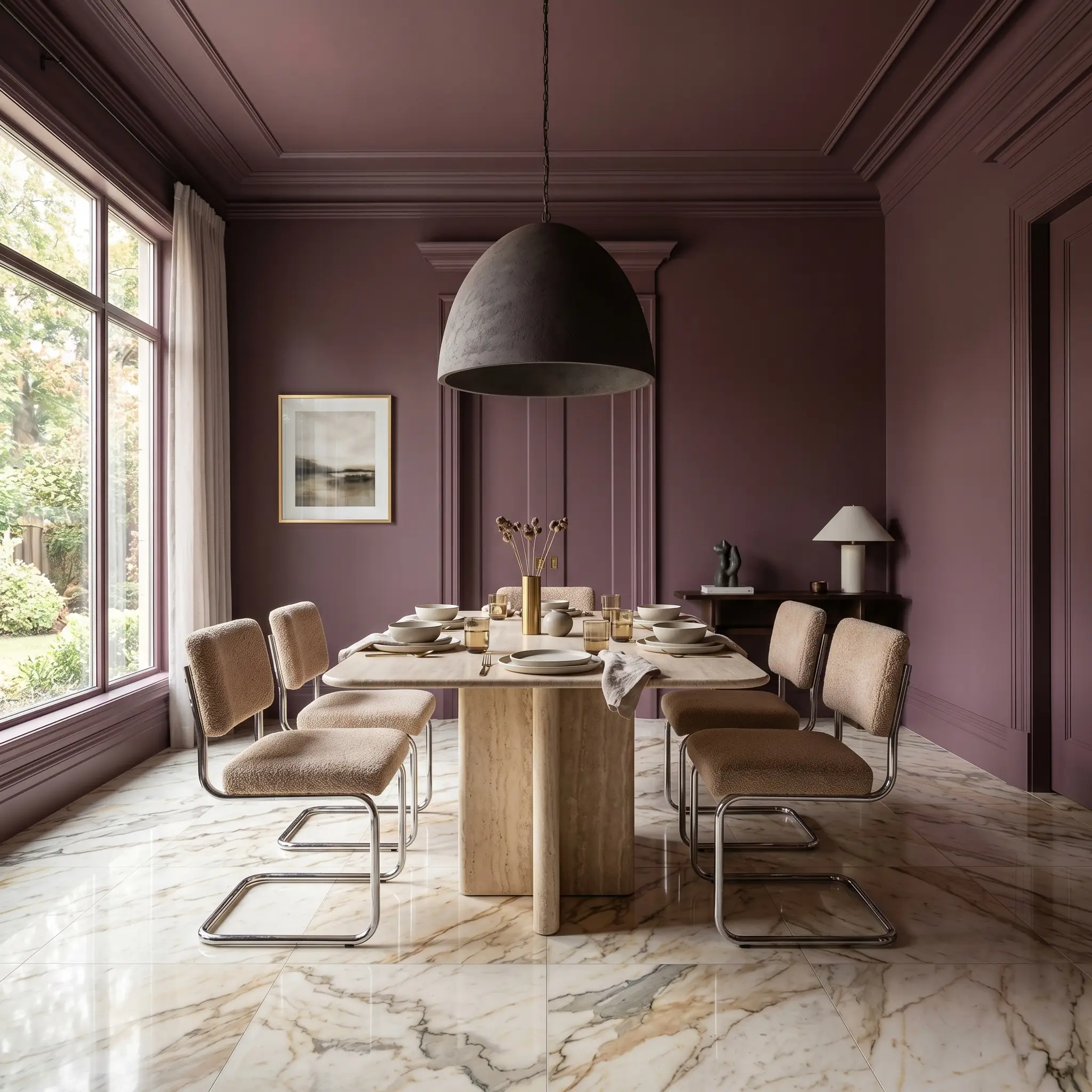 A honed travertine pedestal table and modern cantilevered chairs rest on warm-veined Calcutta Gold marble flooring within a deep terracotta-grape formal dining room.