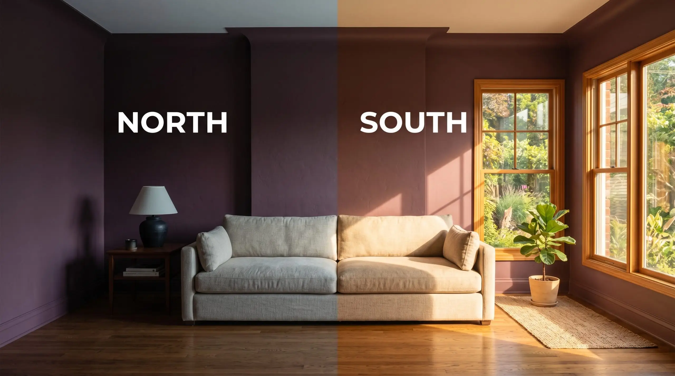 A split-screen living room reveals how Dulux Misty Grape (Hex #65424d) shifts from moody red-purple in cool Northern light to warm terracotta-grape in Southern exposure.