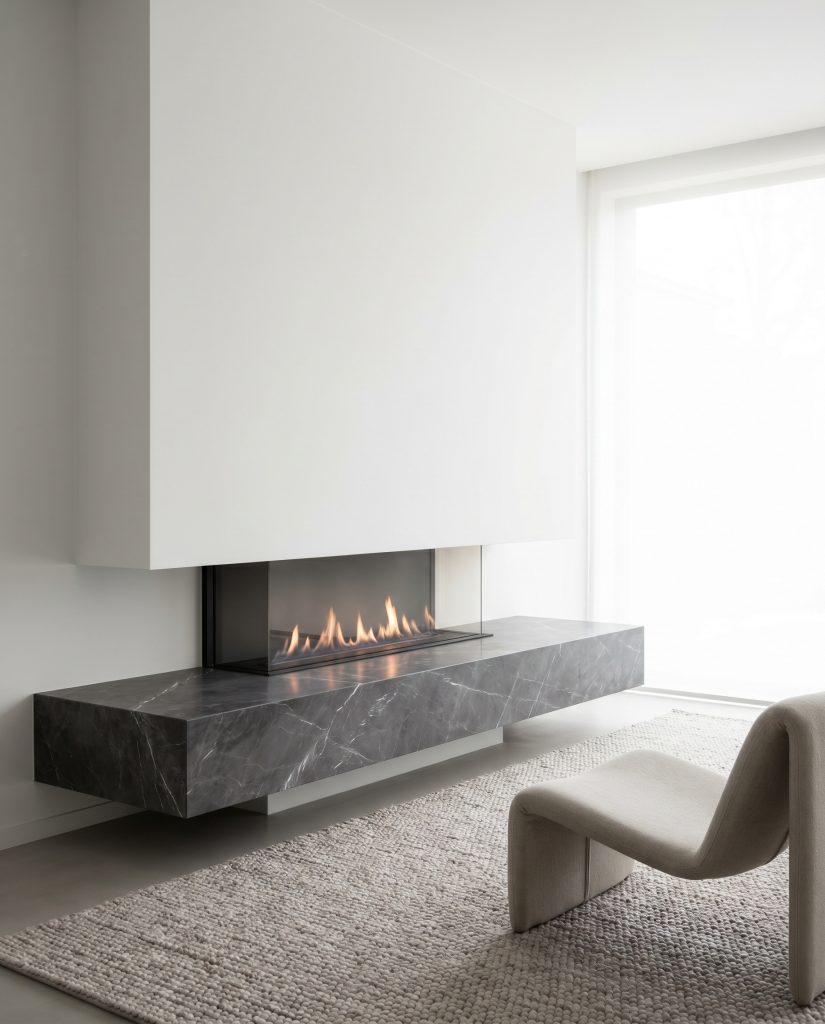 A thick mitered-edge Pietra Gray stone bench floats beneath a linear gas firebox against a crisp white wall alongside a sculptural lounge chair.
