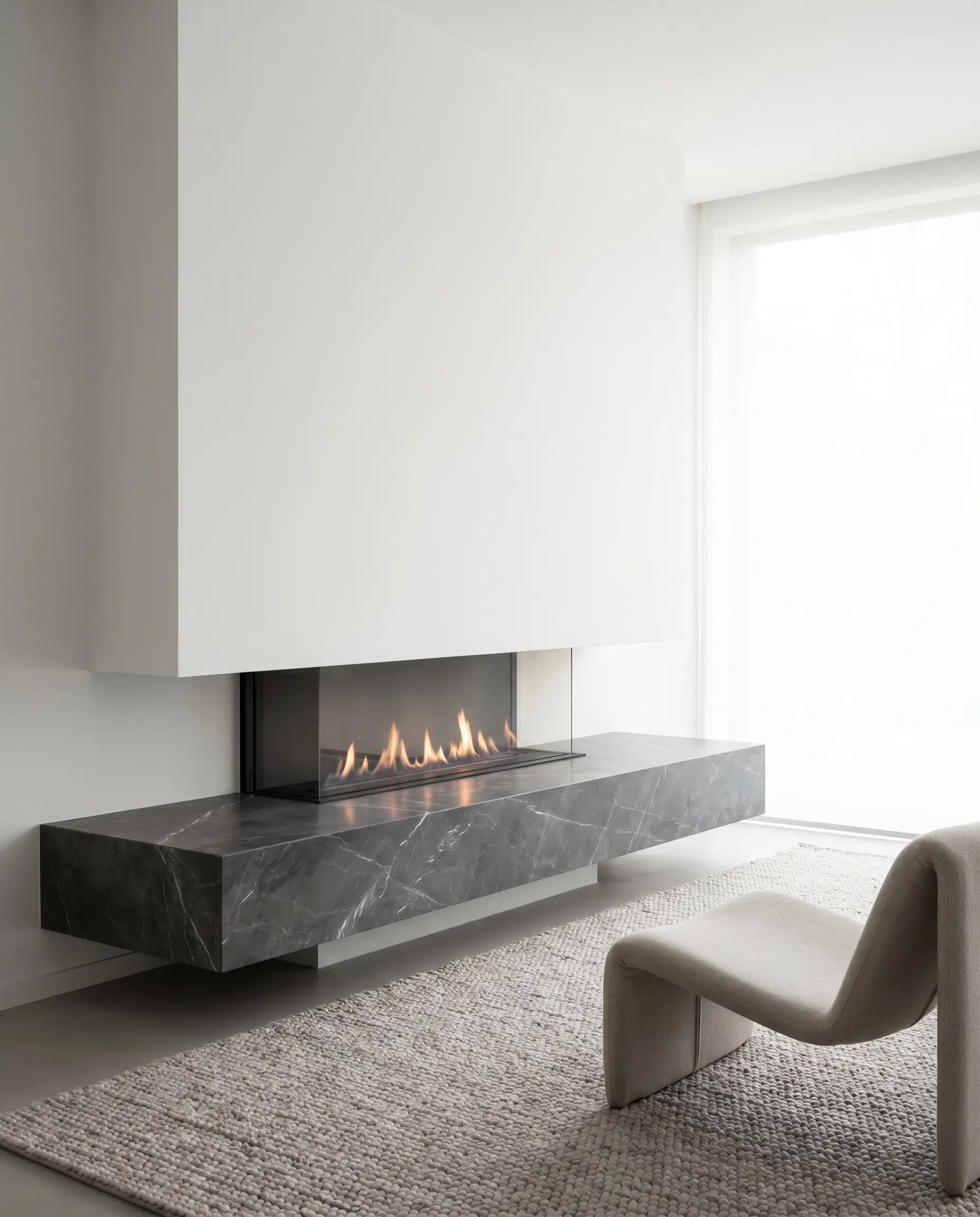 A thick mitered-edge Pietra Gray stone bench floats beneath a linear gas firebox against a crisp white wall alongside a sculptural lounge chair.