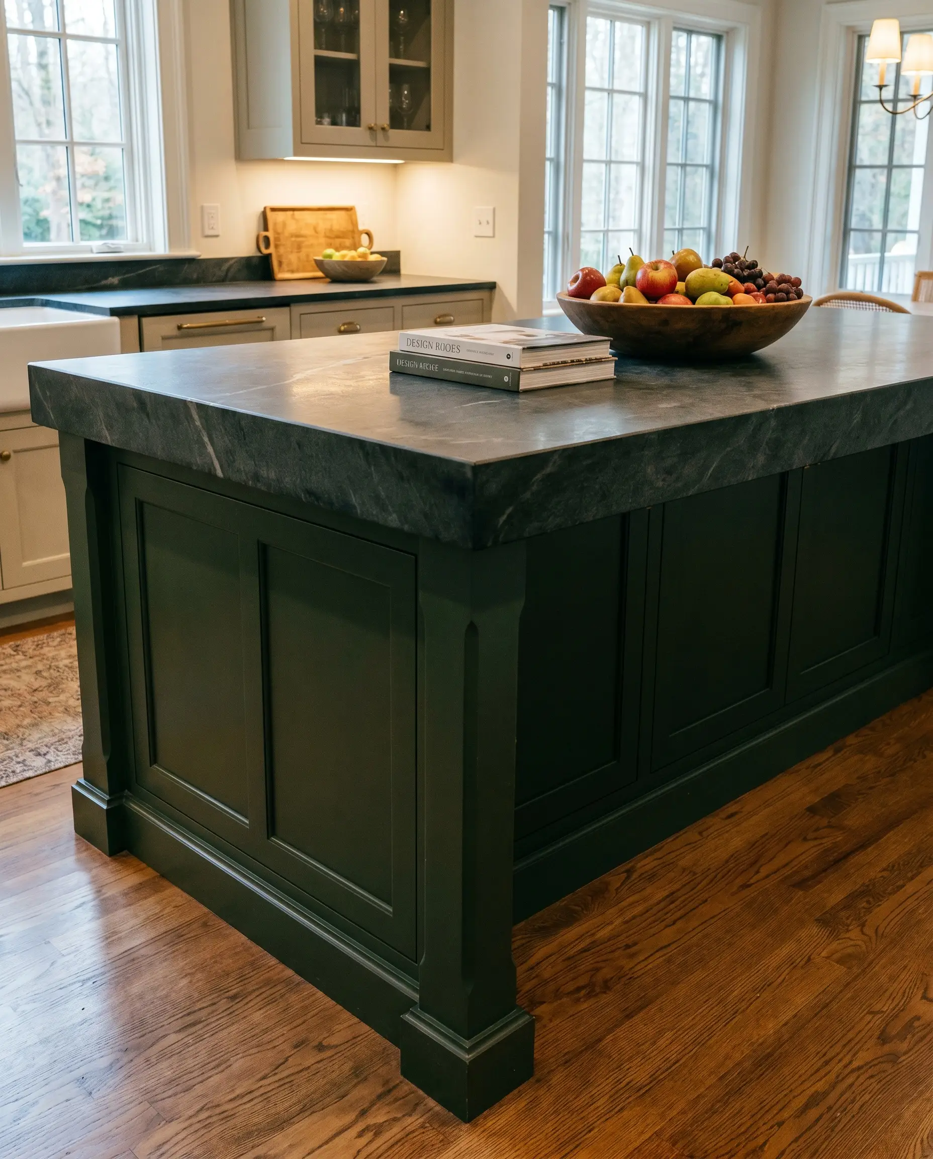 A dark green kitchen island features a massive oiled soapstone countertop with a thick 3-inch mitered drop edge, styled with a wooden fruit bowl and design books.