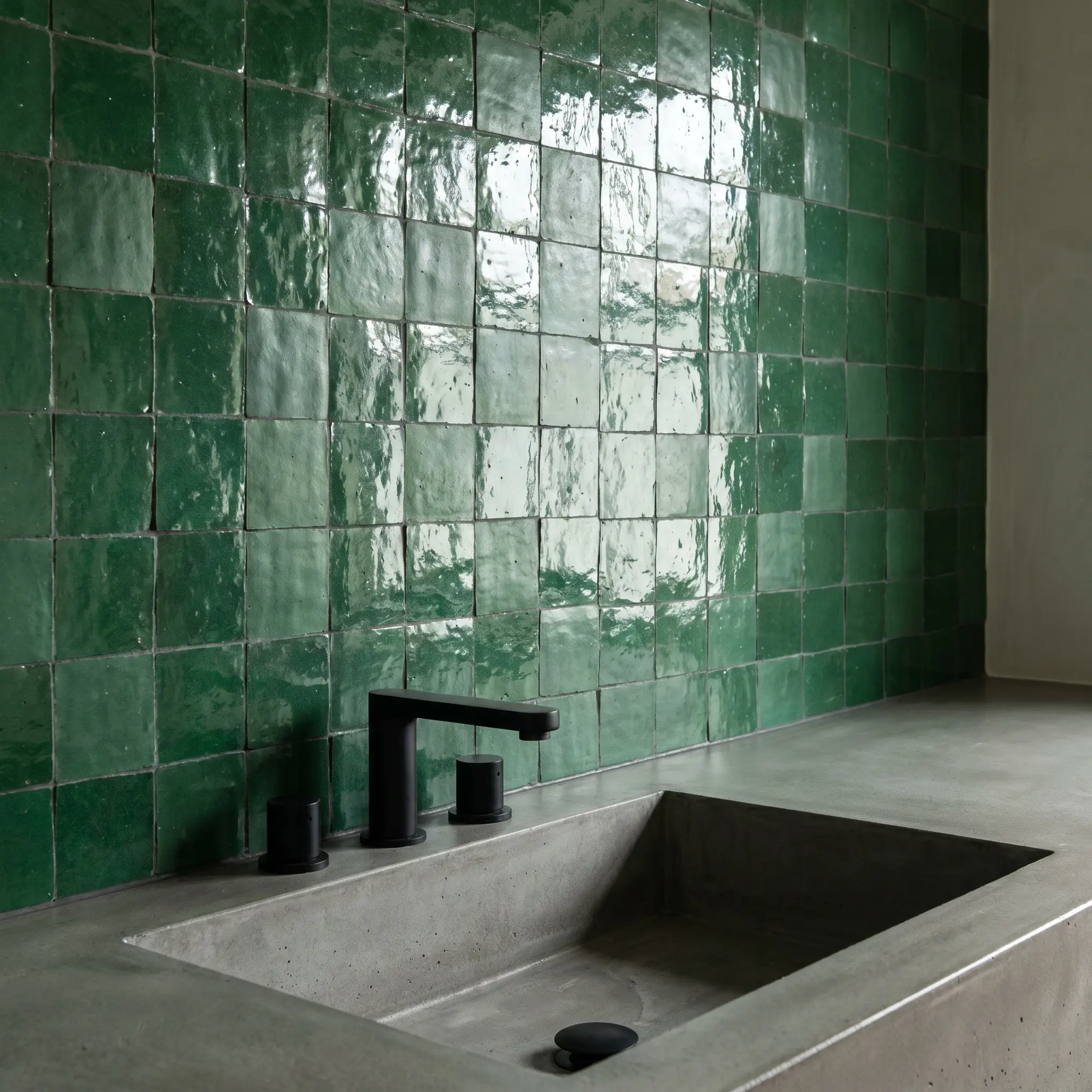 A matte concrete sink and flat black fixtures anchor a textured Moroccan clay wall featuring a randomized blend of glossy and matte tiles.