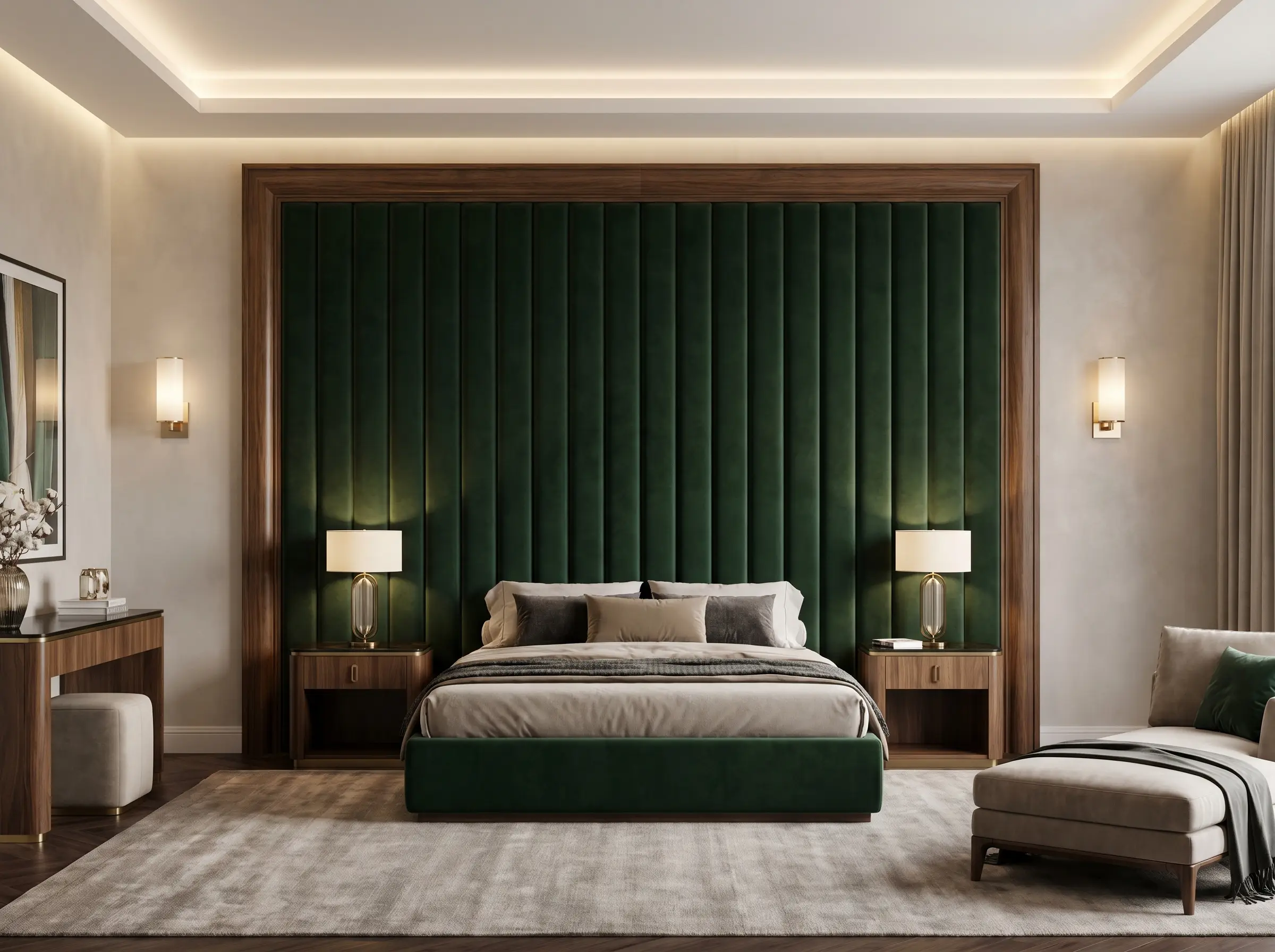 An oversized vertically channel-tufted headboard upholstered in heavy performance velvet stretches toward the ceiling between two elegant nightstands against a neutral wall.