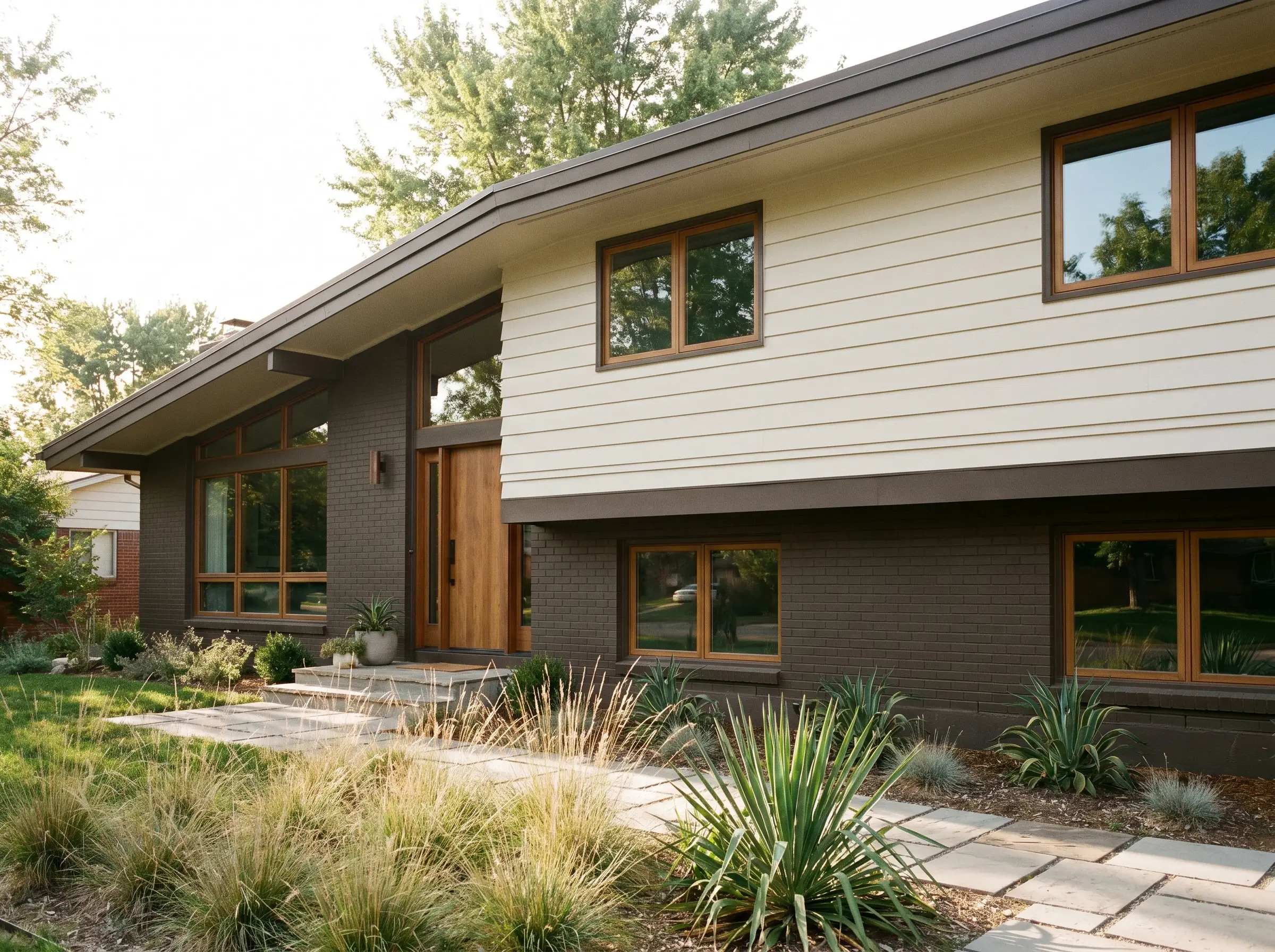 Black Fox mocha brown painted lower brick masonry transitions cleanly into Shoji White upper horizontal lap siding separated by a physical trim board.