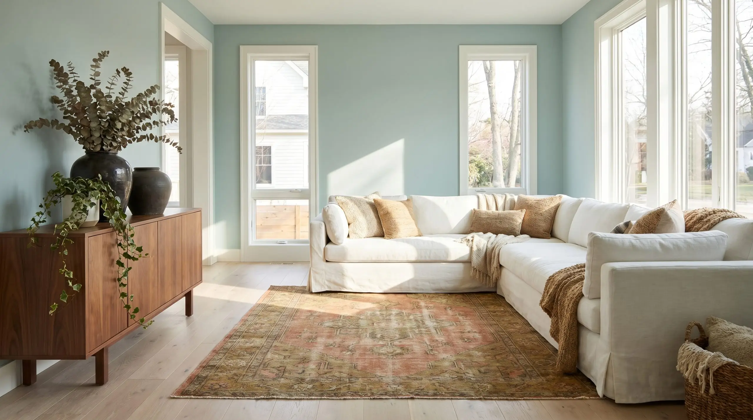 A slipcovered linen sofa and a mid-century sideboard holding sculptural branches anchor a modern coastal living room painted in Benjamin Moore Palladian Blue (Hex #C1D1C9).