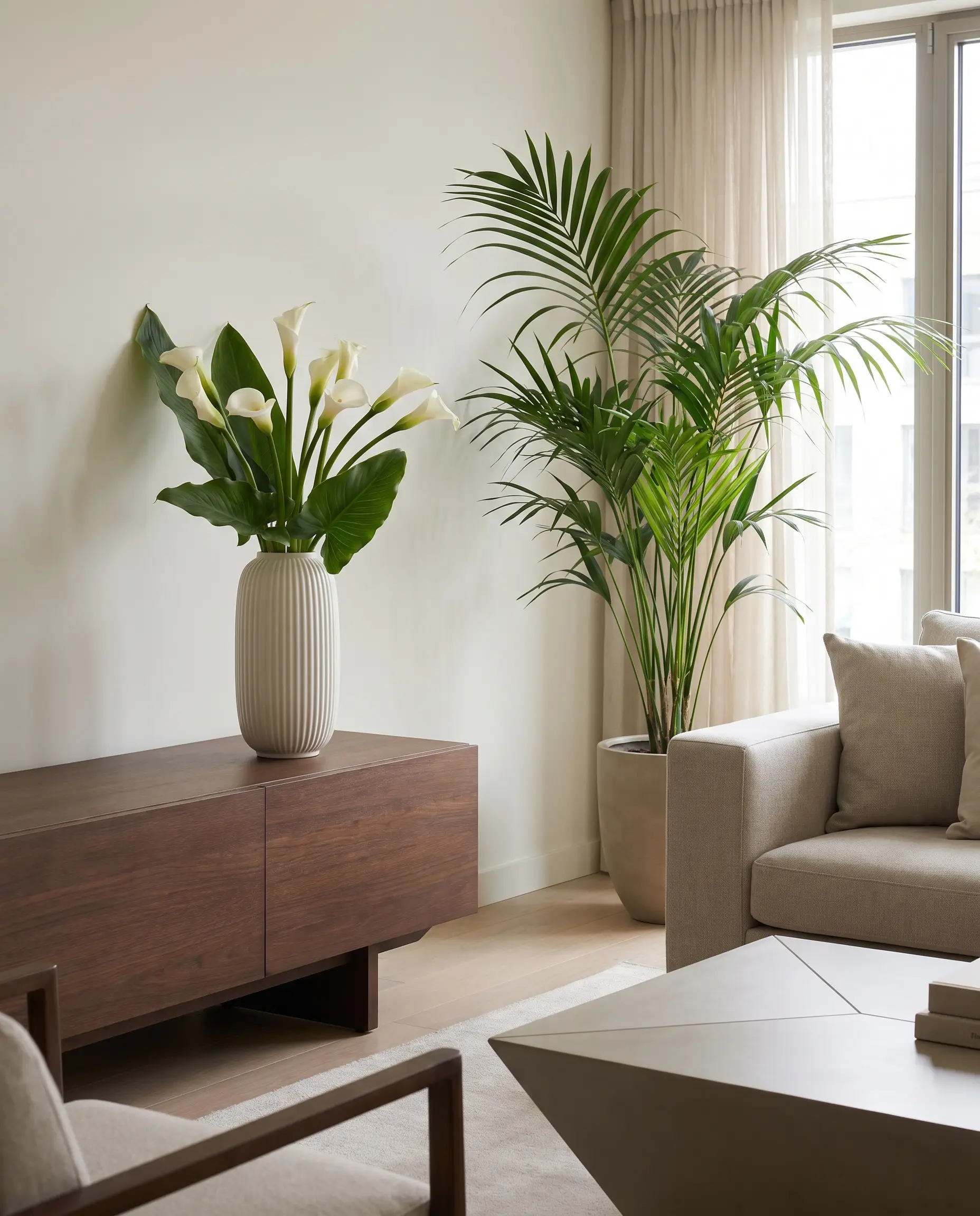 A ribbed ceramic vase holding fresh Calla Lilies sits on a minimalist modern credenza, adding art deco touches modern living room atmosphere alongside a Kentia palm.