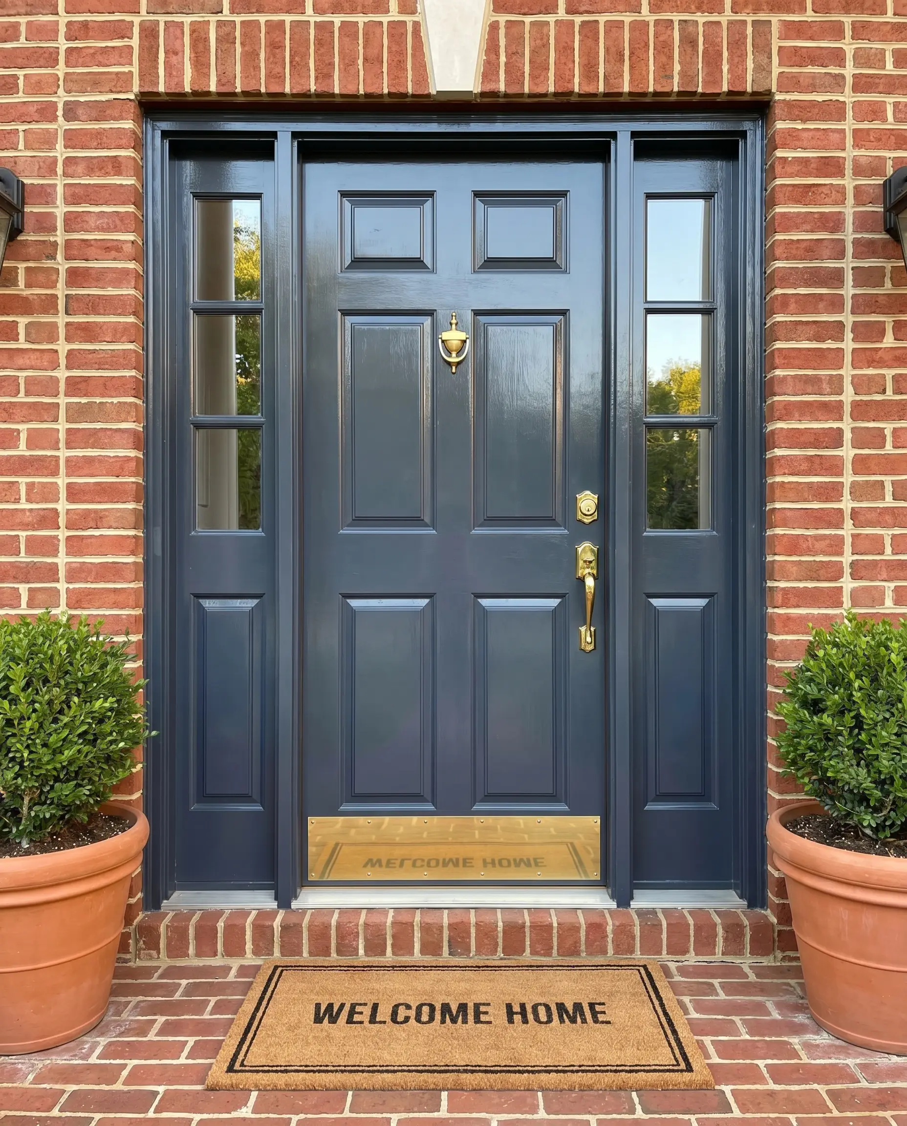A deeply saturated navy painted primary front door and flanking sidelights feature unlacquered brass handlesets against a warm red brick exterior and classic planters.