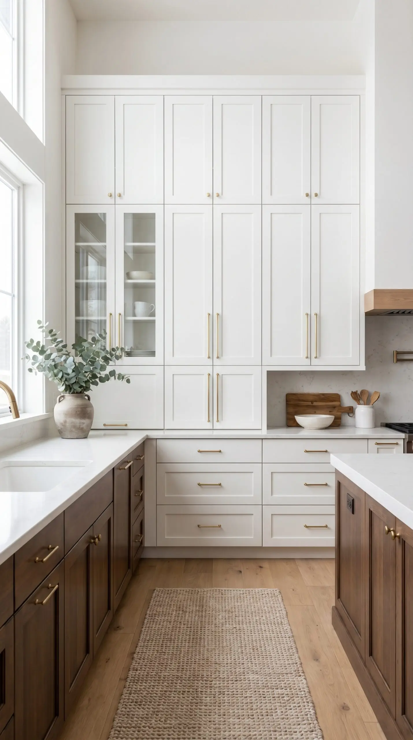 Exceptionally long vertical brass bar pulls serve as modern gold hardware for white shaker cabinets, emphasizing elevated ceilings in a high-end bespoke kitchen.