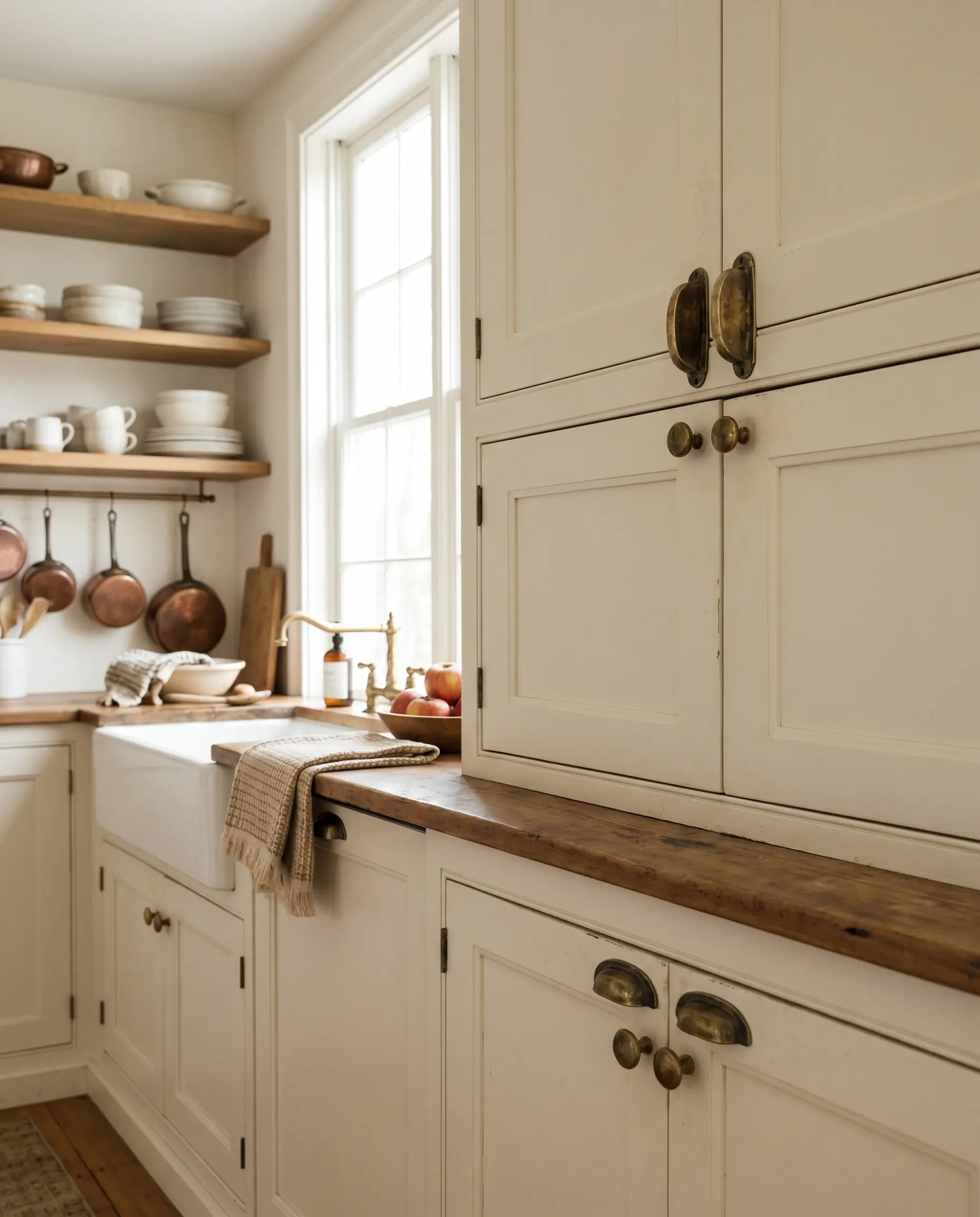 Raw solid unlacquered brass hardware with dark organic spotting mounts onto creamy Benjamin Moore White Dove shaker cabinet doors in a warm organic kitchen.