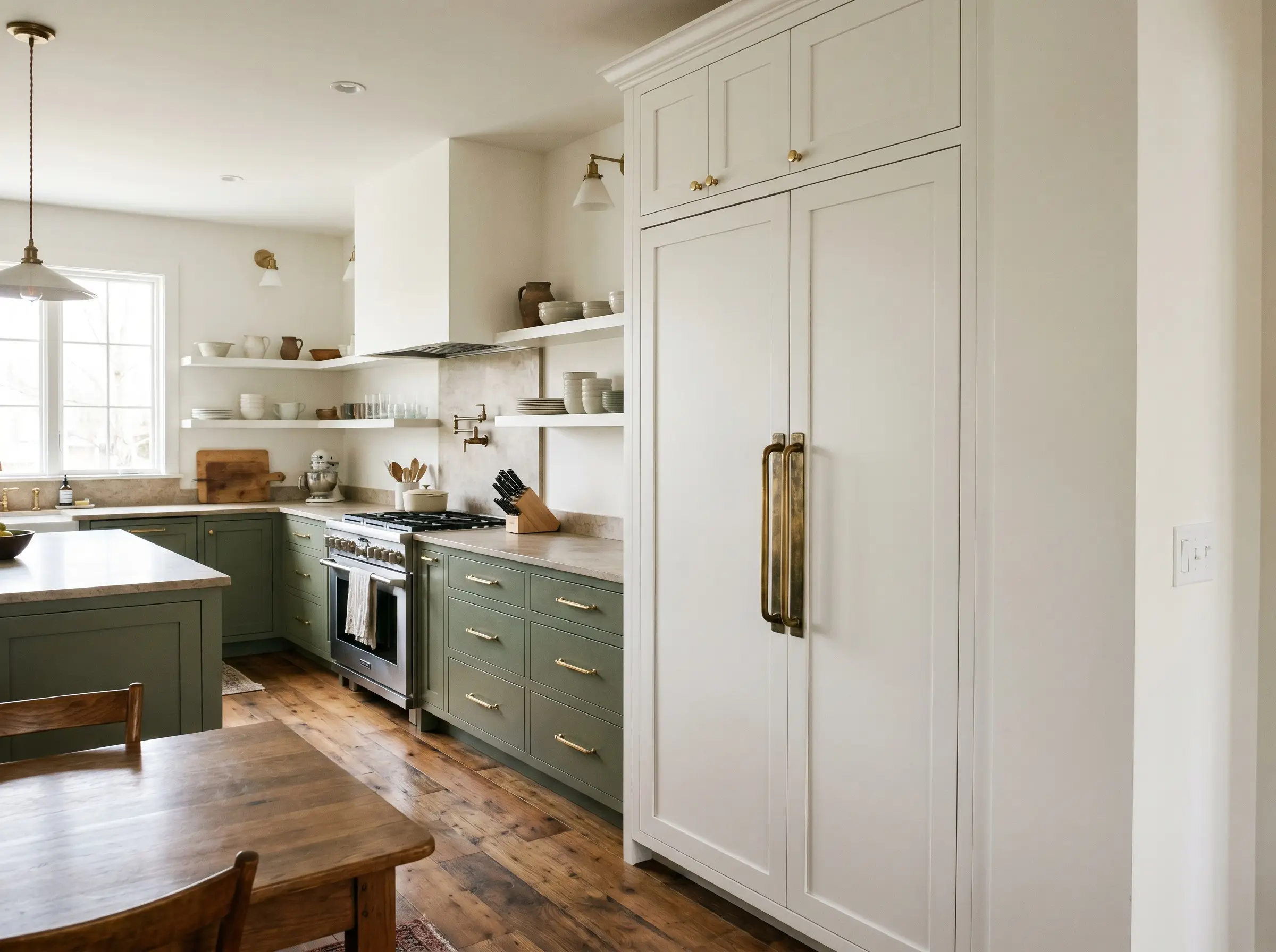 Massive 24-inch heavy brass appliance pulls secure to tall white shaker pantry doors alongside standard brass pulls on the surrounding lower base cabinets.