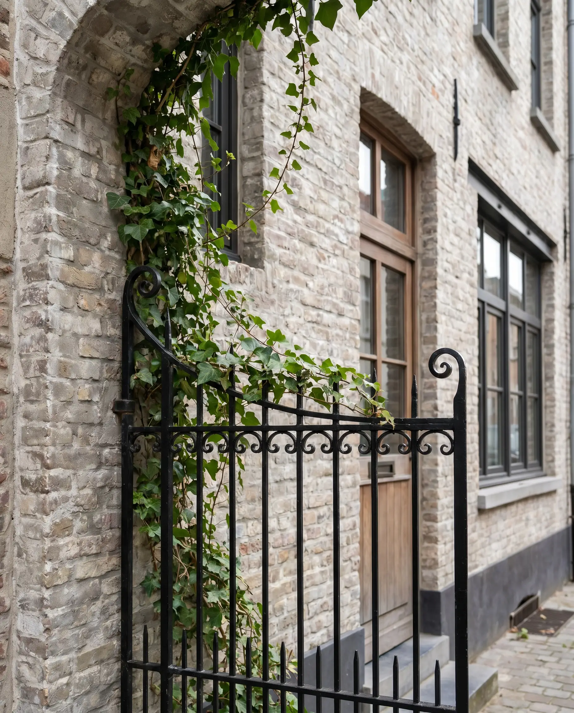 Modern greige facade ideas incorporate a mineral-based limewash applied directly over a brick exterior, framed by a classic black iron gate and trailing ivy.
