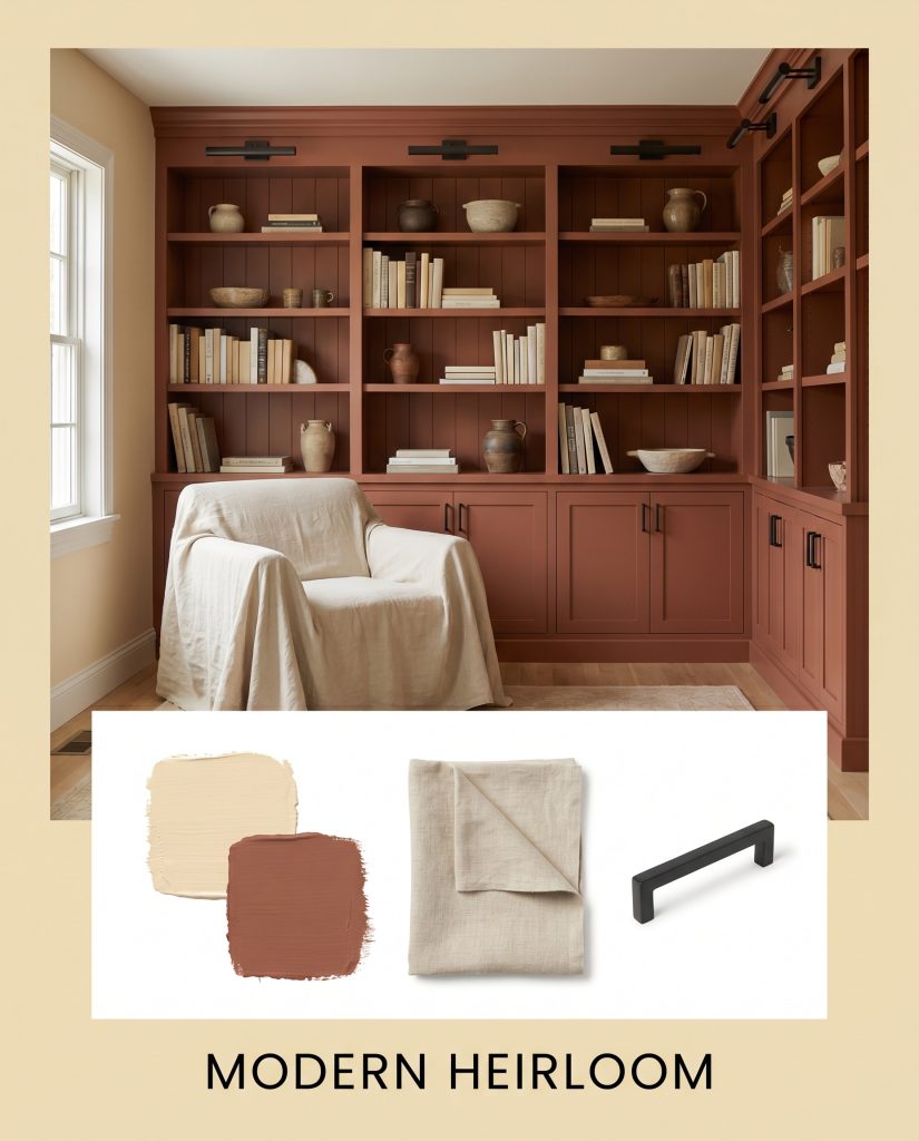 An editorial flat-lay combines primary walls in an earthy buttercream hue with a reddish-brown architectural bookcase, unbleached washed linen textiles, and blackened steel cabinet pulls.