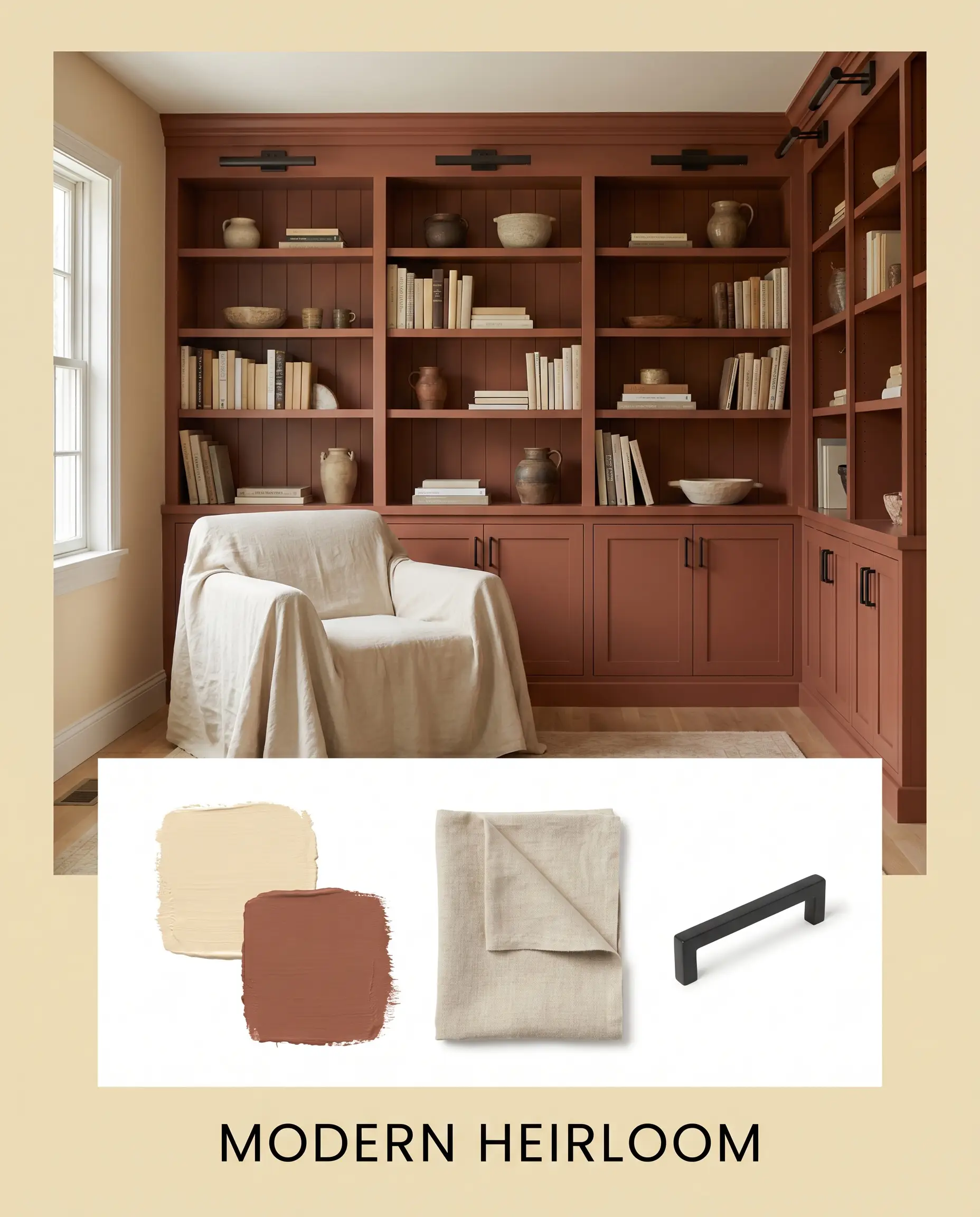 An editorial flat-lay combines primary walls in an earthy buttercream hue with a reddish-brown architectural bookcase, unbleached washed linen textiles, and blackened steel cabinet pulls.