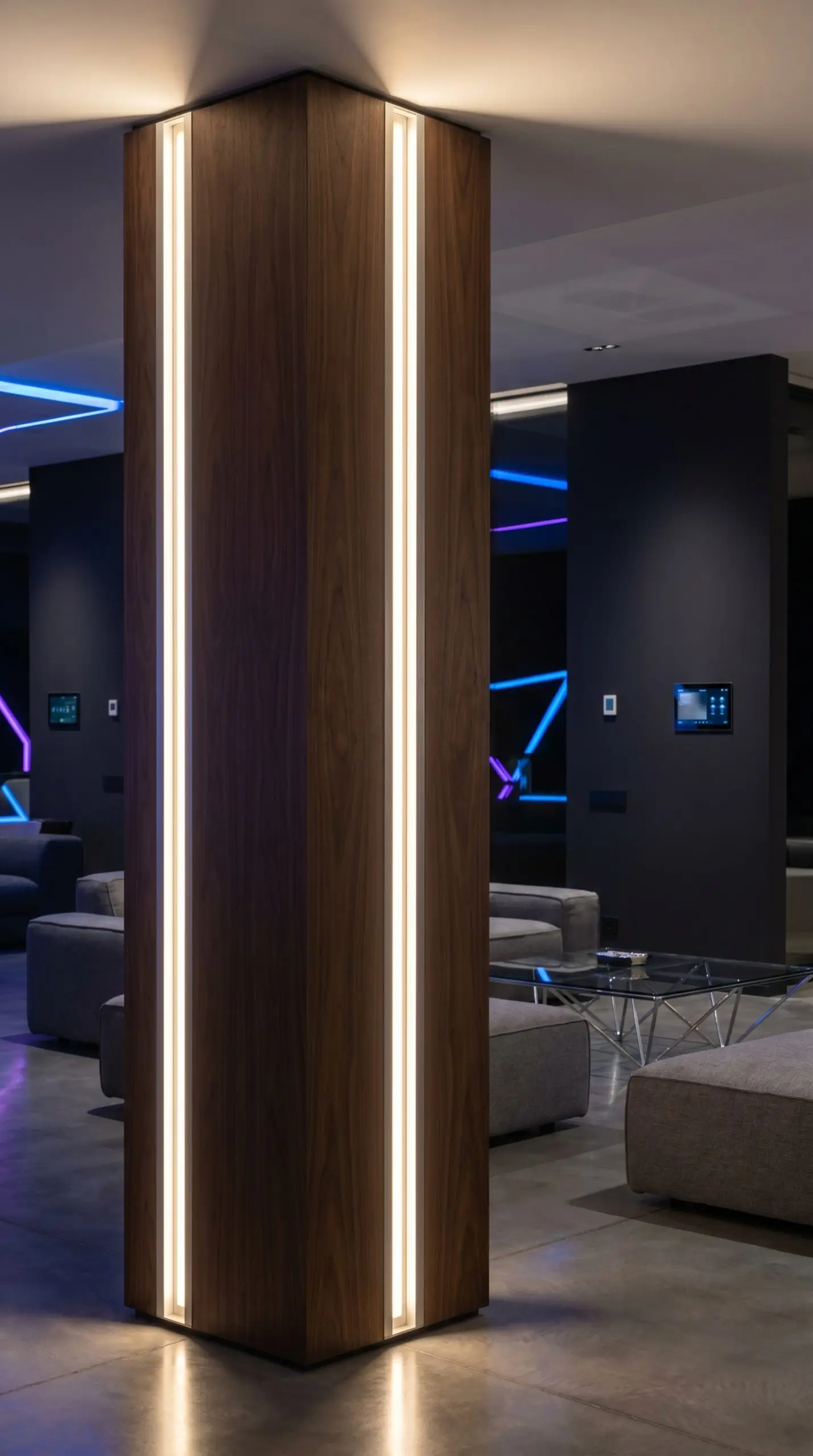 Flush-mount aluminum LED extrusion channels cast a warm glow from a sleek wooden wrap surrounding a load-bearing column in a cyber-modern luxury living space.