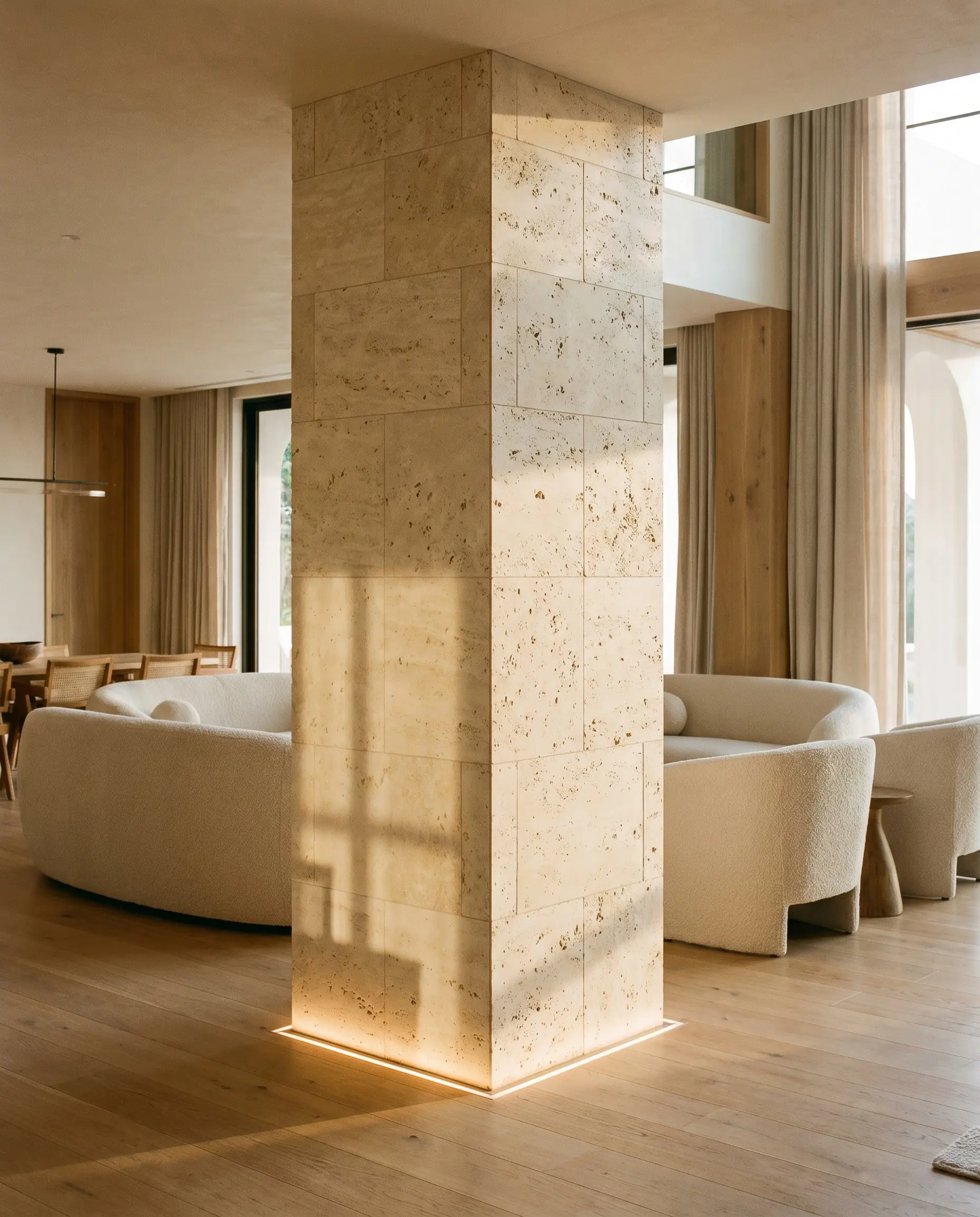 Unfilled honed travertine tiles with natural pits wrap a load-bearing structural support in a modern Mediterranean living area featuring curved boucle seating.