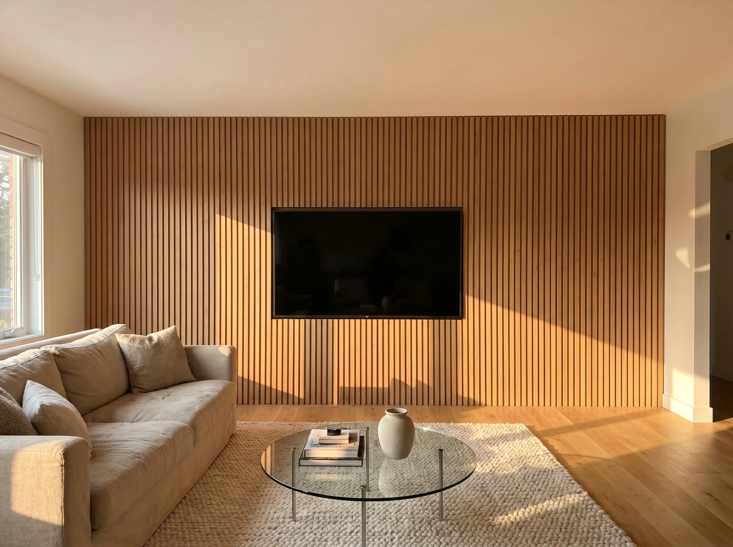Unbroken vertical timber veneer panels run flush from floor to ceiling behind a modern television in this wood slat tv wall modern living room.