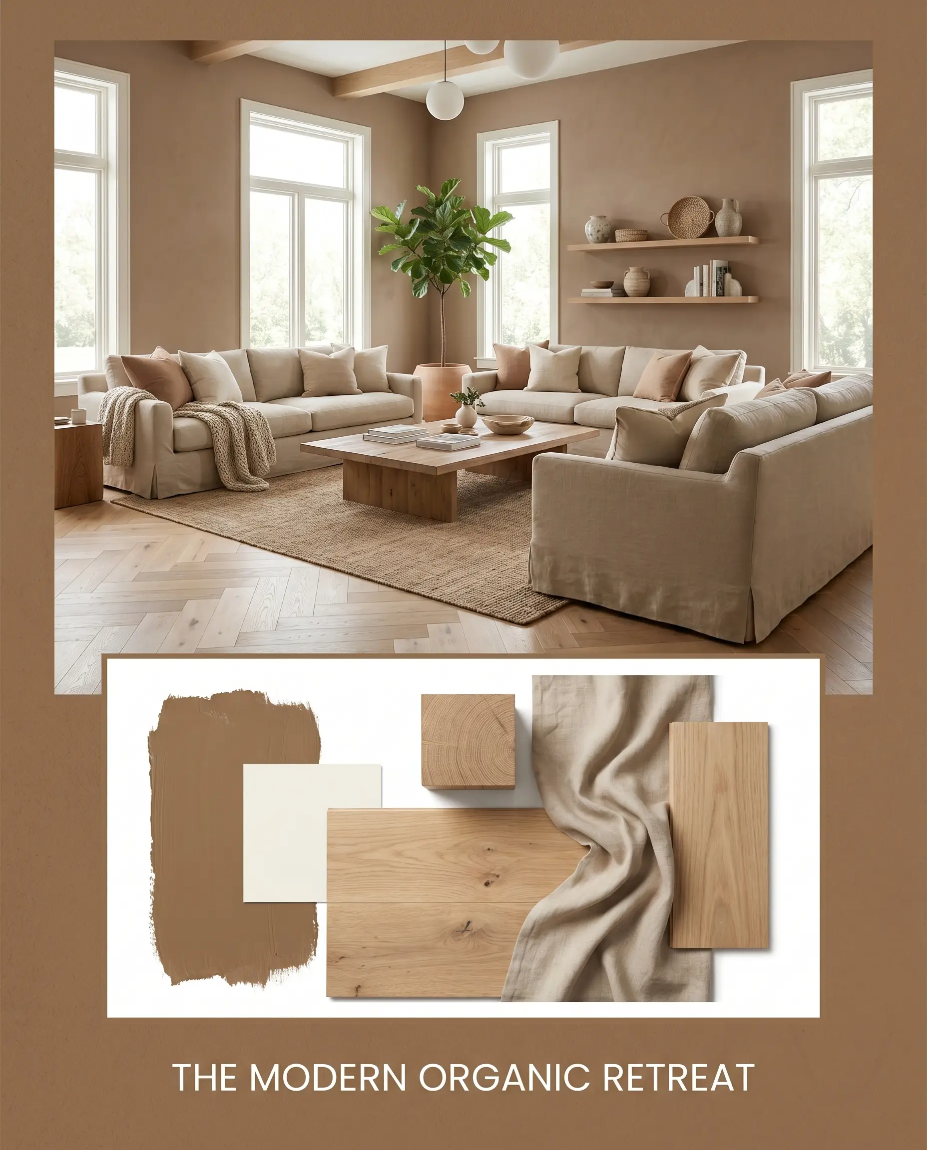 A flat-lay of white oak wood samples and soft linen fabric sits below a bright living room showcasing a low-reflectance shade of earthy brown.